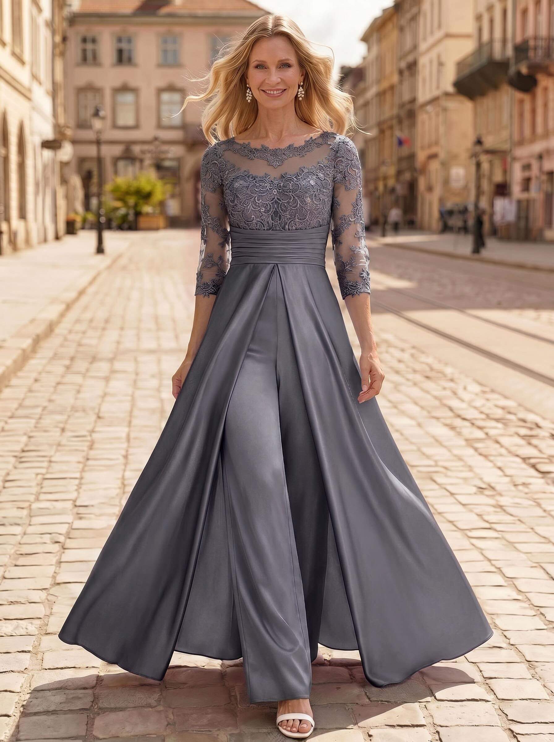 Jumpsuit/Pantsuit Scoop Neck 3/4 Sleeves Floor-Length Crepe Satin Mother Of The Bride Dresses