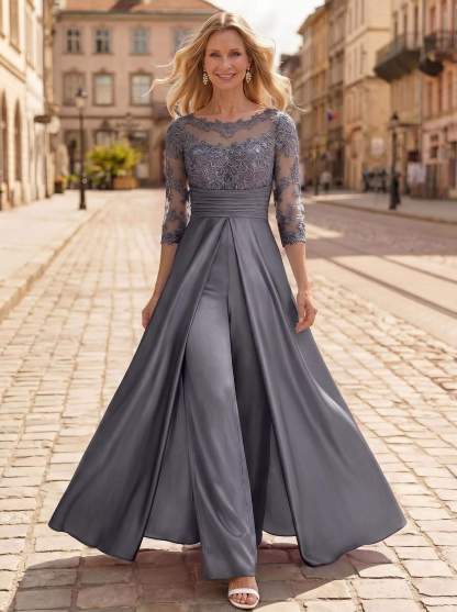 Jumpsuit/Pantsuit Scoop Neck 3/4 Sleeves Floor-Length Crepe Satin Mother Of The Bride Dresses