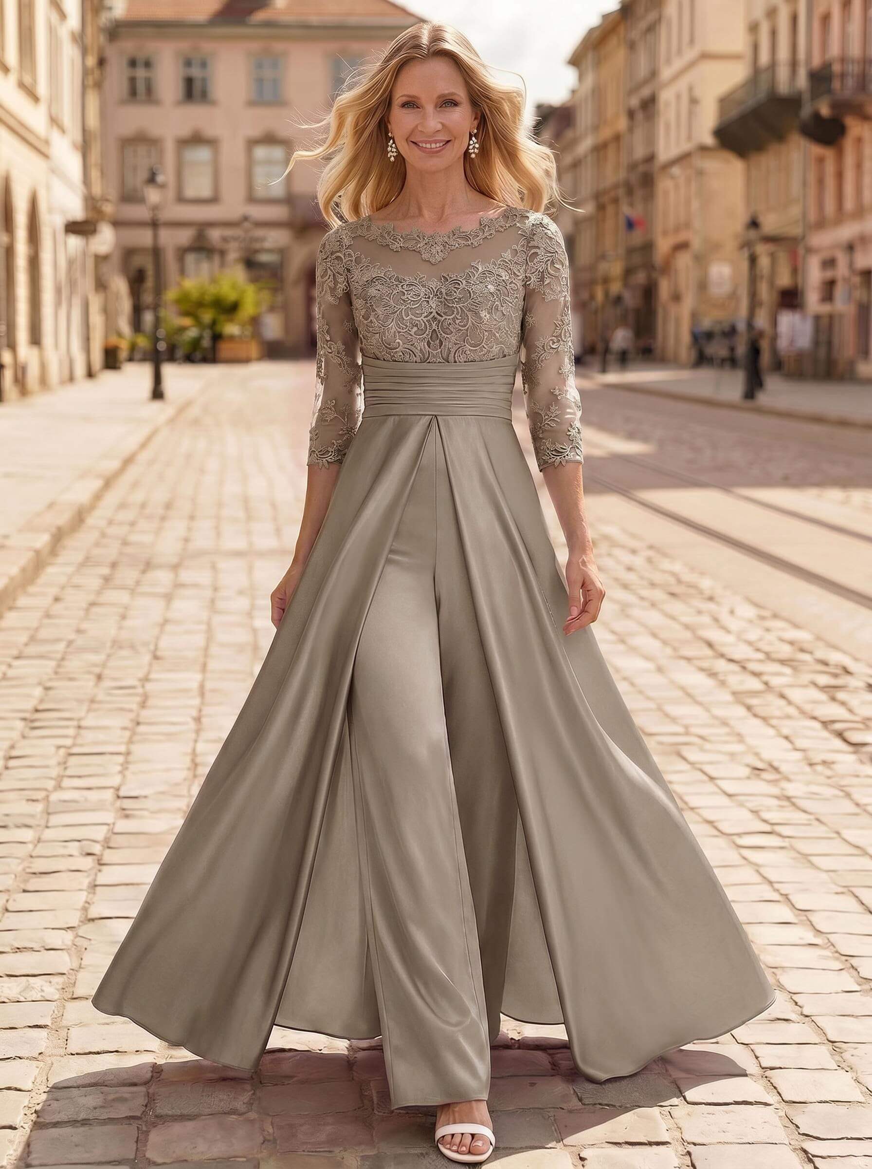 Jumpsuit/Pantsuit Scoop Neck 3/4 Sleeves Floor-Length Crepe Satin Mother Of The Bride Dresses