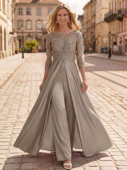 Jumpsuit/Pantsuit Scoop Neck 3/4 Sleeves Floor-Length Crepe Satin Mother Of The Bride Dresses