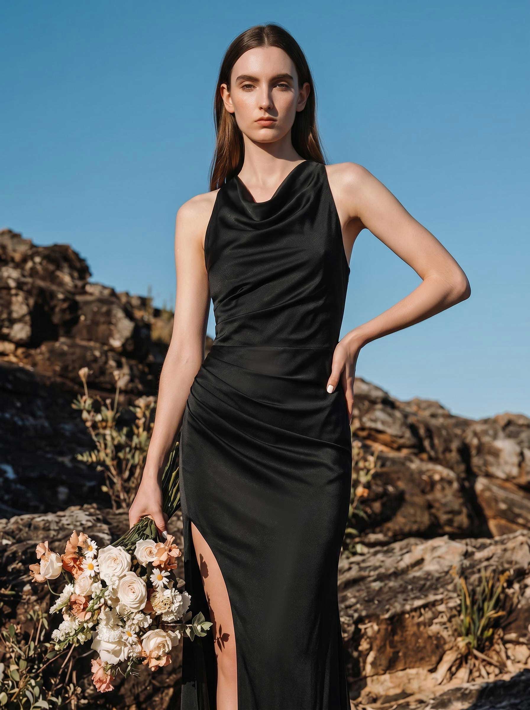 Sheath/Column Cowl Neck Sleeveless Bridesmaid Dresses With Split Front, image 3