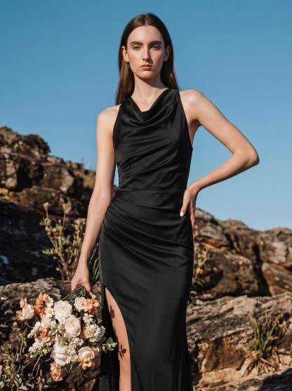 Sheath/Column Cowl Neck Sleeveless Bridesmaid Dresses With Split Front