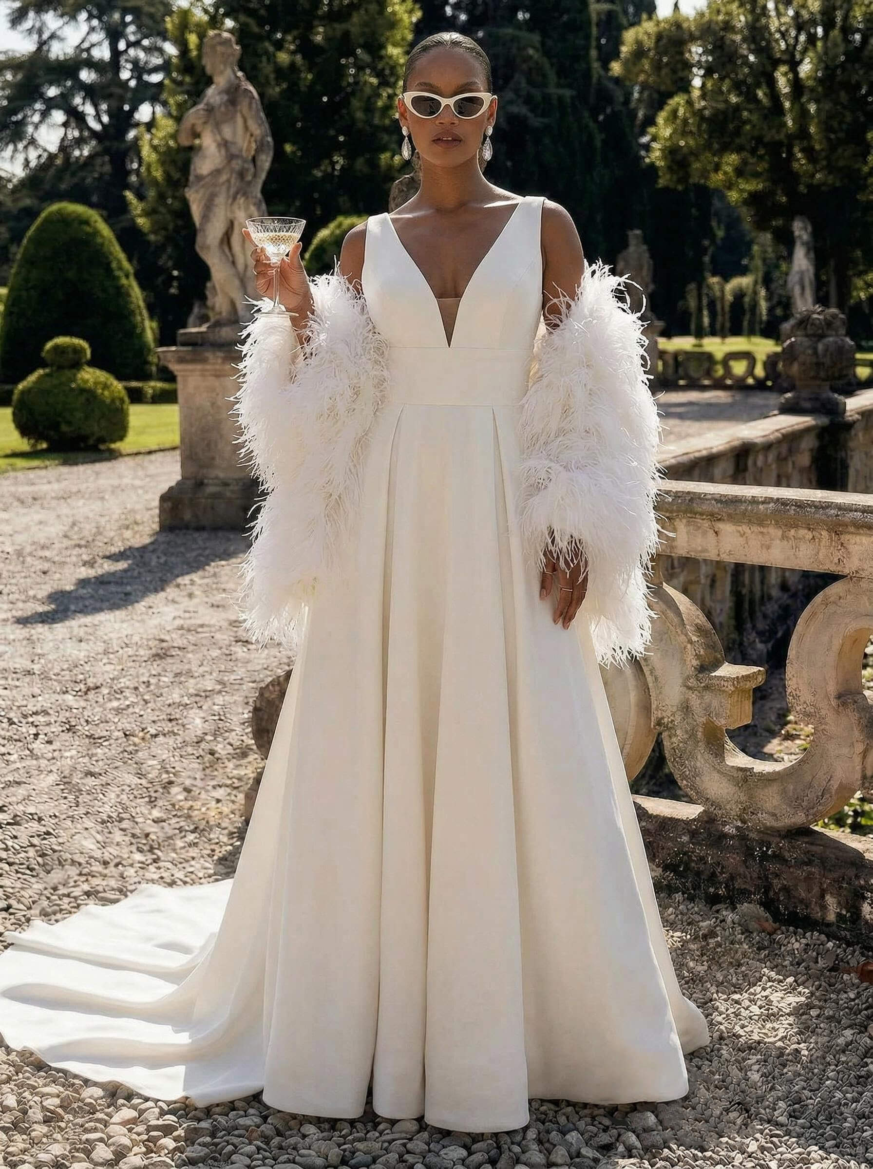 Plus Size A-Line V-Neck Sleeveless Court Train Satin Wedding Dresses, product image 1