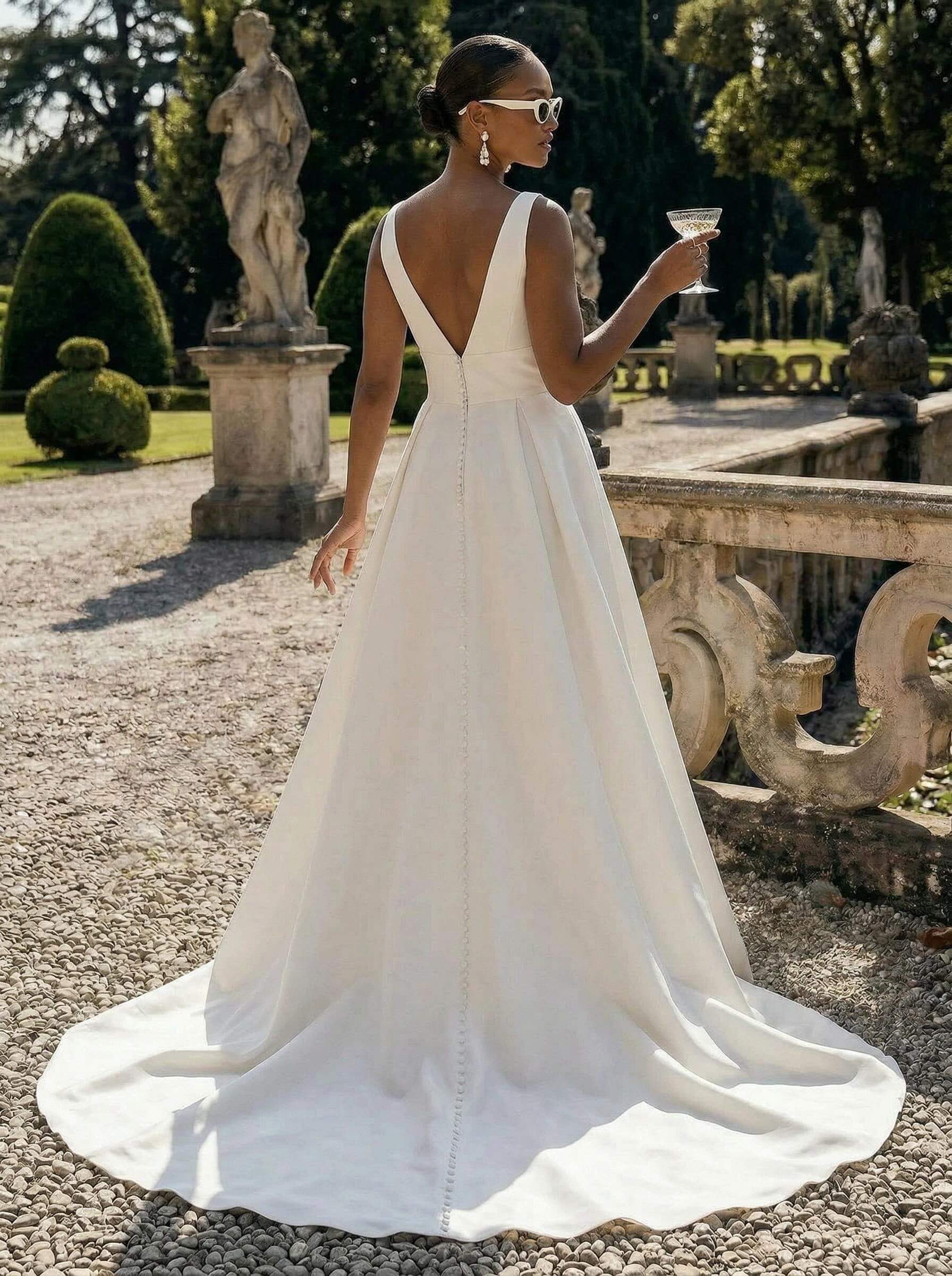 Plus Size A-Line V-Neck Sleeveless Court Train Satin Wedding Dresses, product image 2