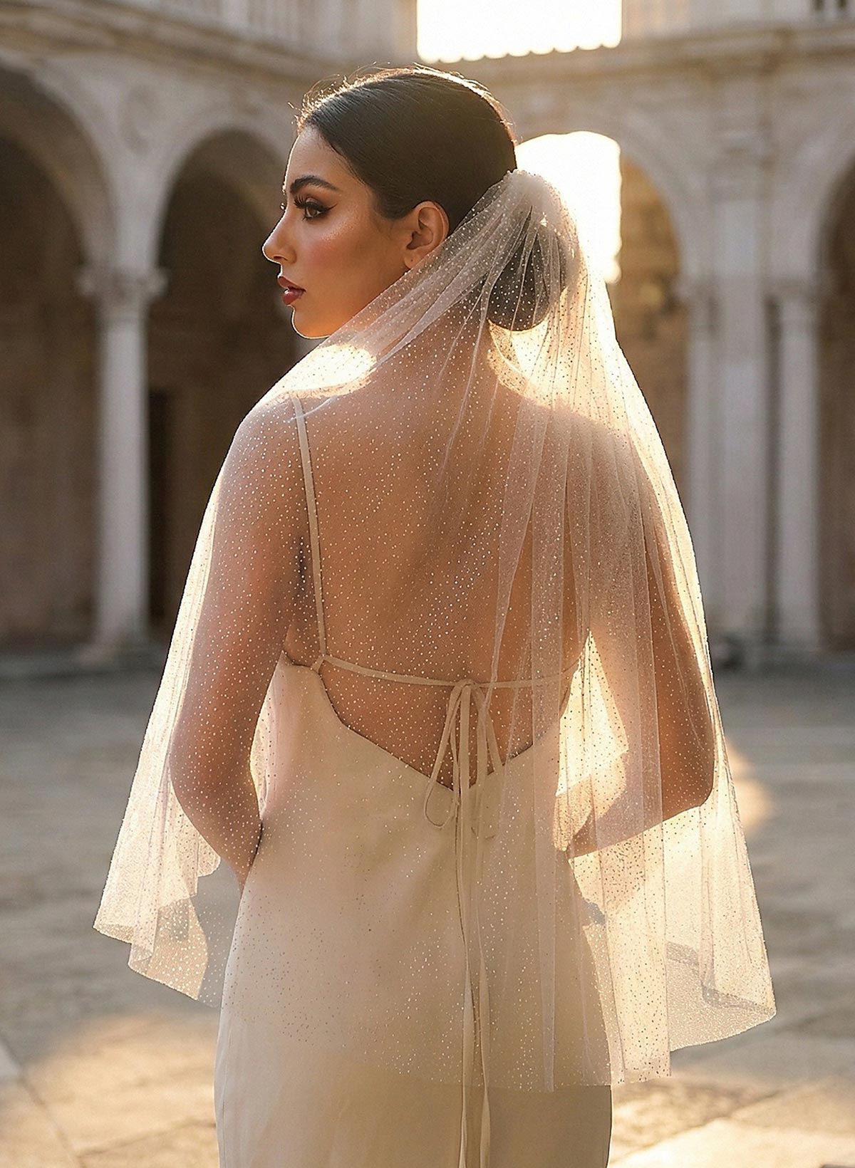 Cut Edge Sequin One-Tier Tulle Fingertip Bridal Veils