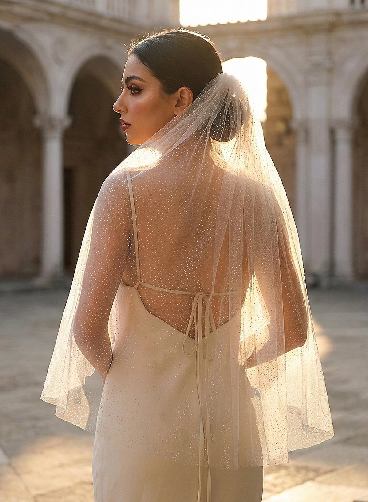 Cut Edge Sequin One-Tier Tulle Fingertip Bridal Veils