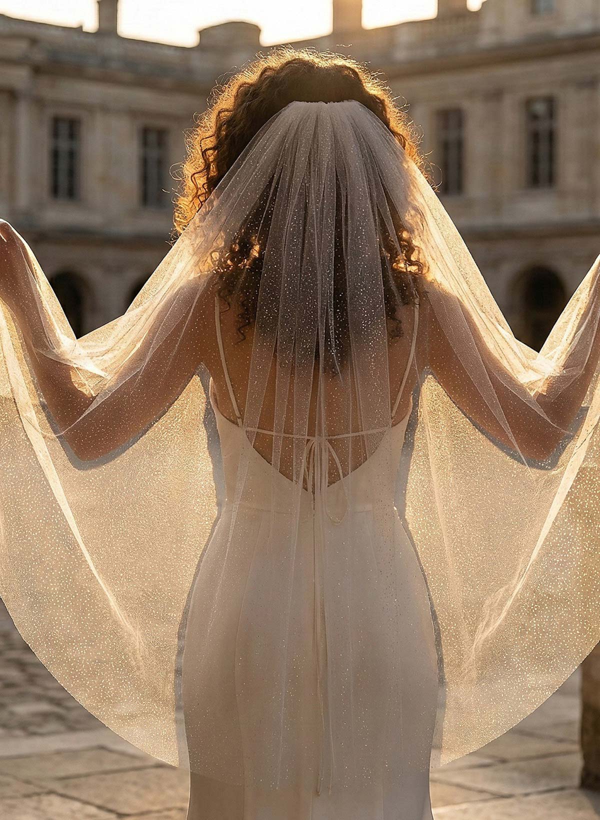 Cut Edge Sequin One-Tier Tulle Fingertip Bridal Veils