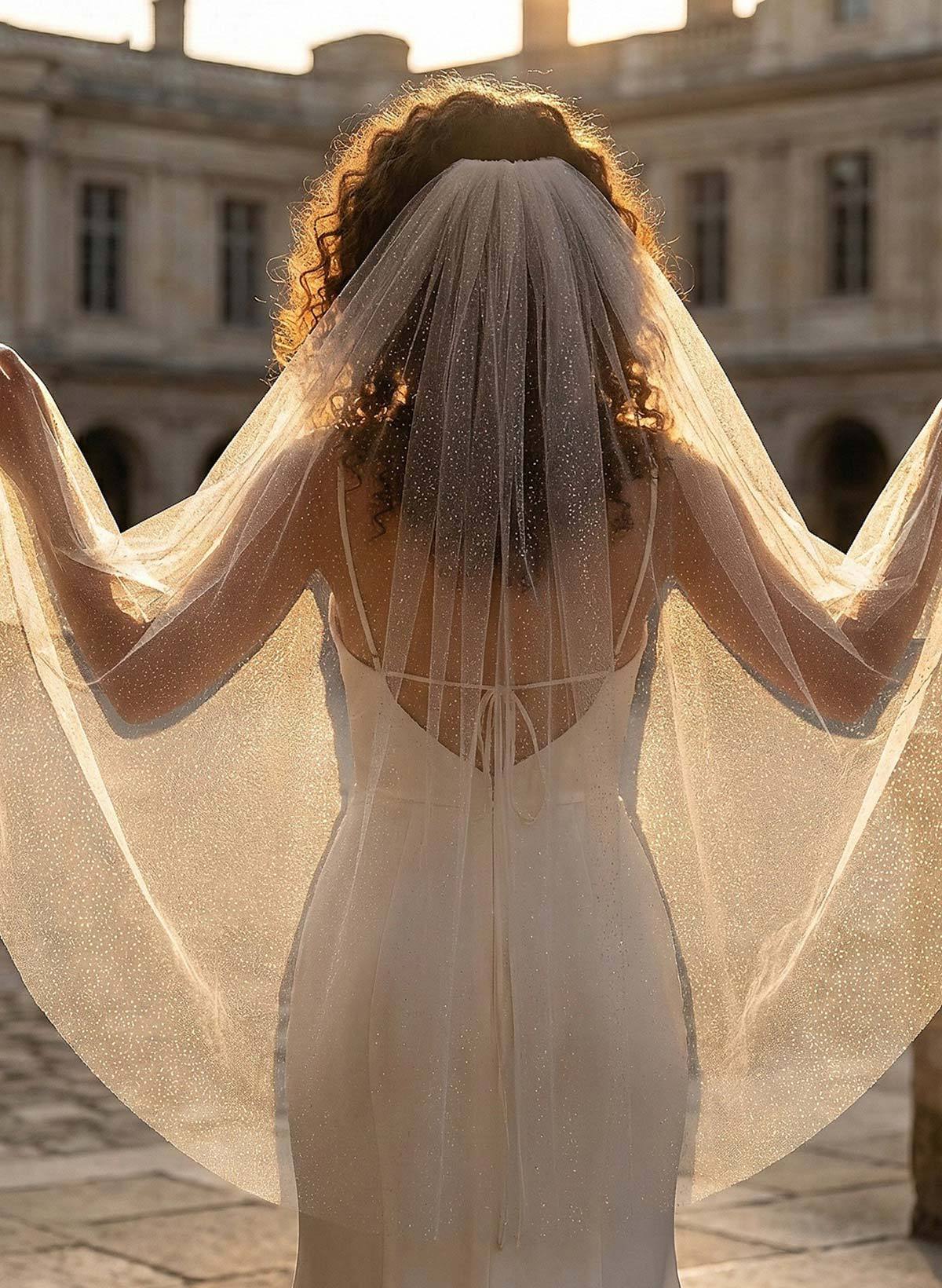 Cut Edge Sequin One-Tier Tulle Fingertip Bridal Veils