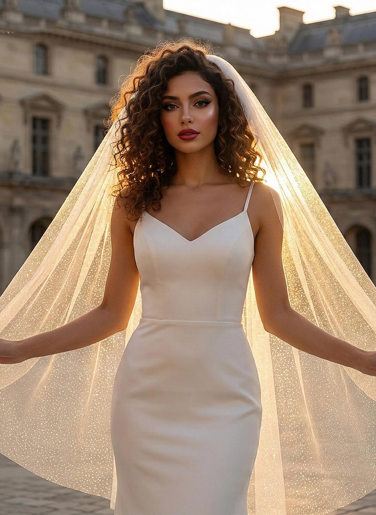 Cut Edge Sequin One-Tier Tulle Fingertip Bridal Veils