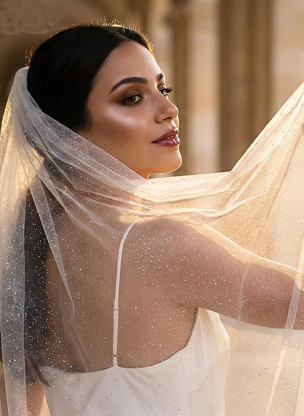 Cut Edge Sequin One-Tier Tulle Fingertip Bridal Veils