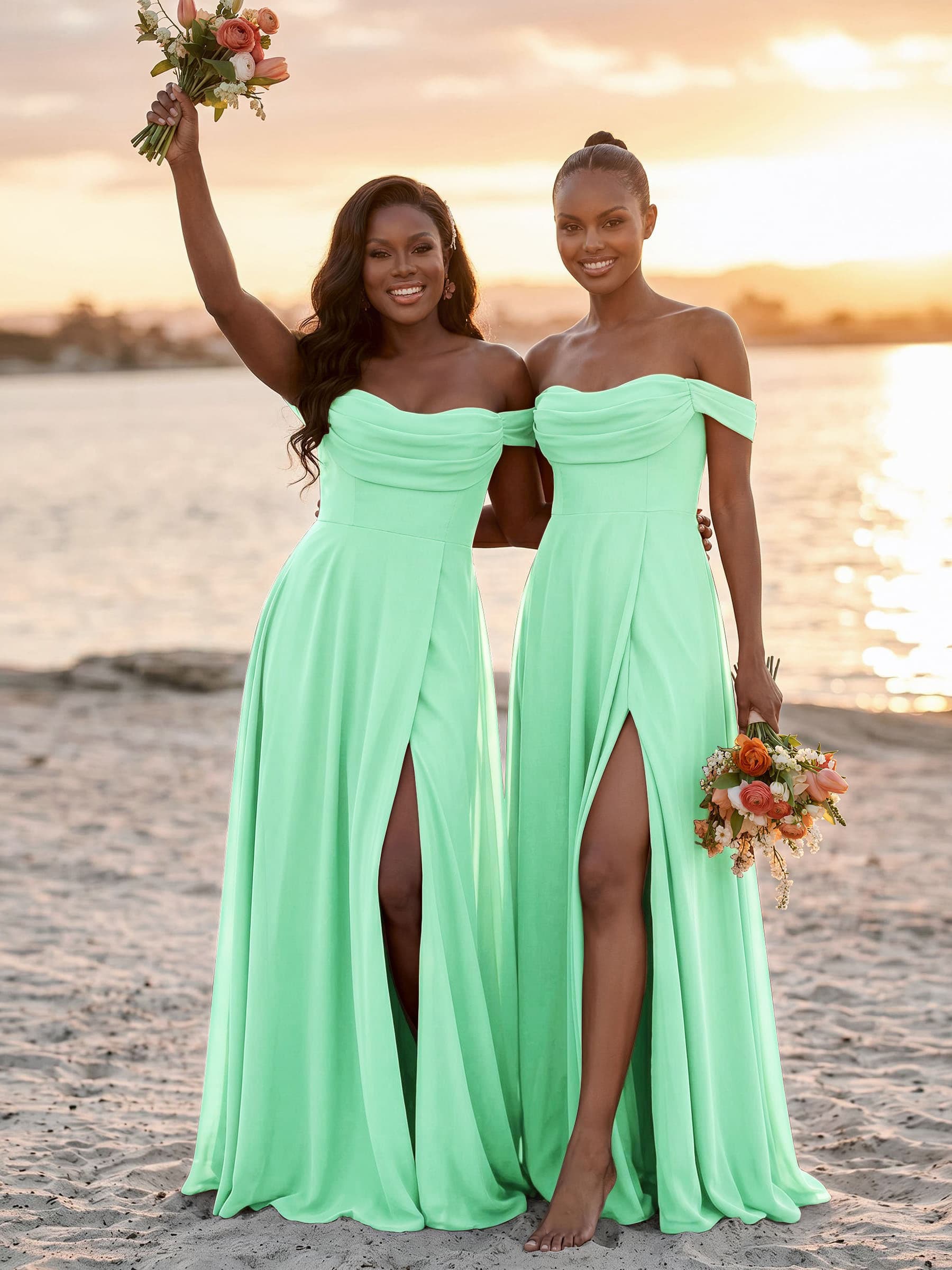 A-Line Off-The-Shoulder Sleeveless Floor-Length Chiffon Bridesmaid Dresses With Split Front, product image 50