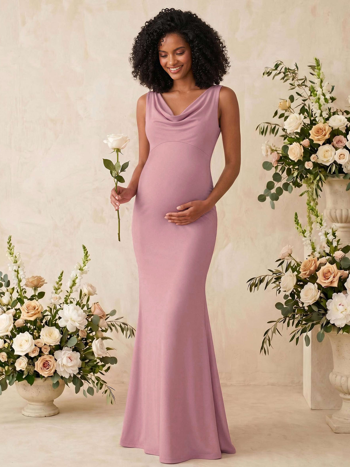 Trumpet/Mermaid Cowl Neck Sleeveless Floor-Length Jersey Maternity Bridesmaid Dresses With Bow(s), image 1