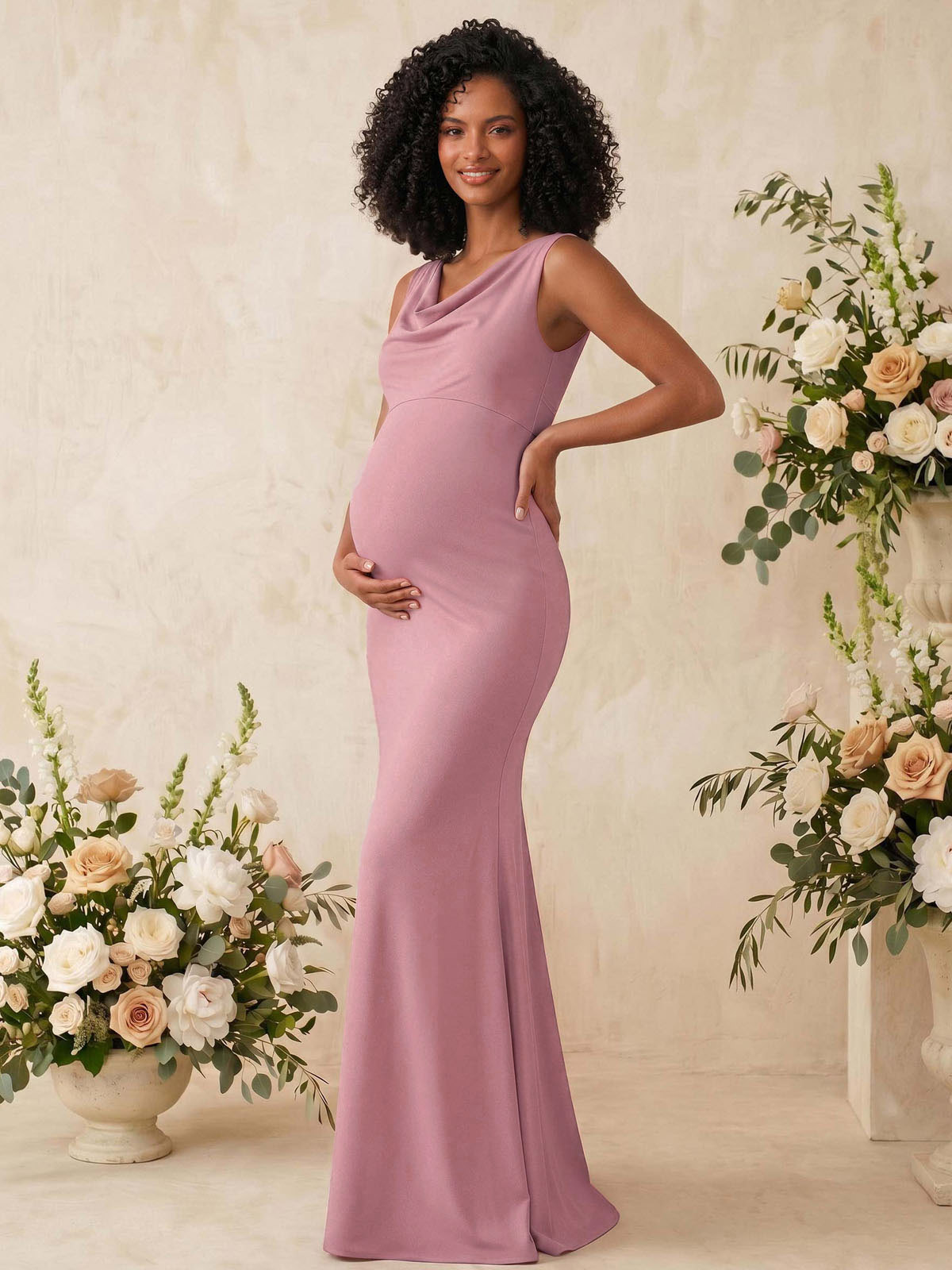 Trumpet/Mermaid Cowl Neck Sleeveless Floor-Length Jersey Maternity Bridesmaid Dresses With Bow(s), image 2