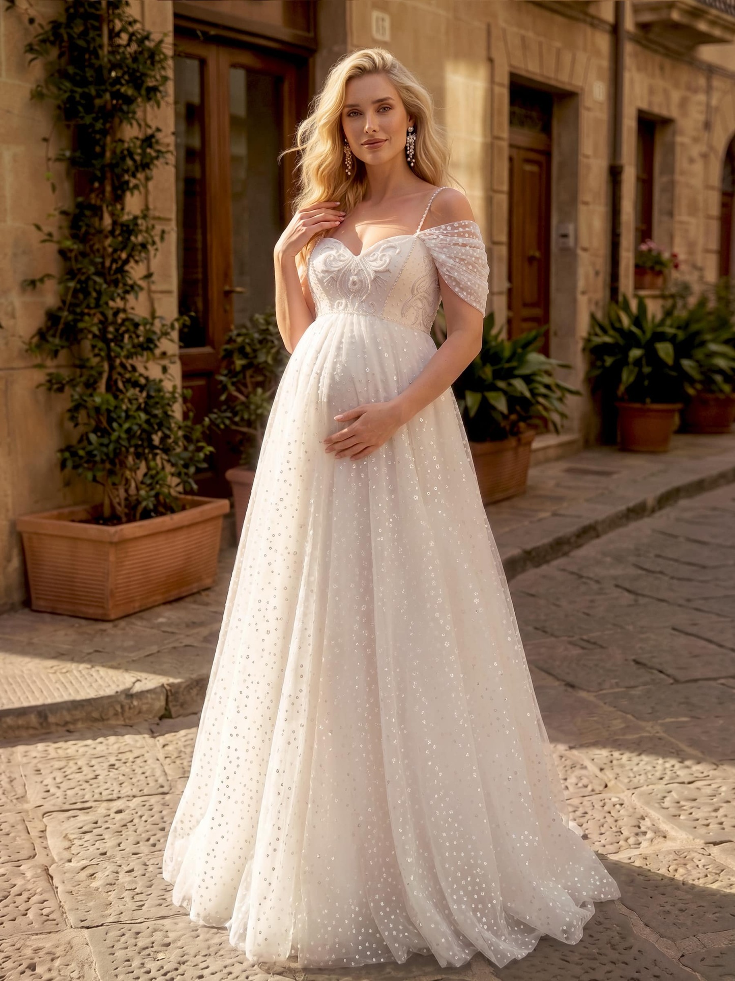 A-Line Satin Tulle Maternity Wedding Dresses Sweetheart Sleeveless Floor-Length in Ivory, US2