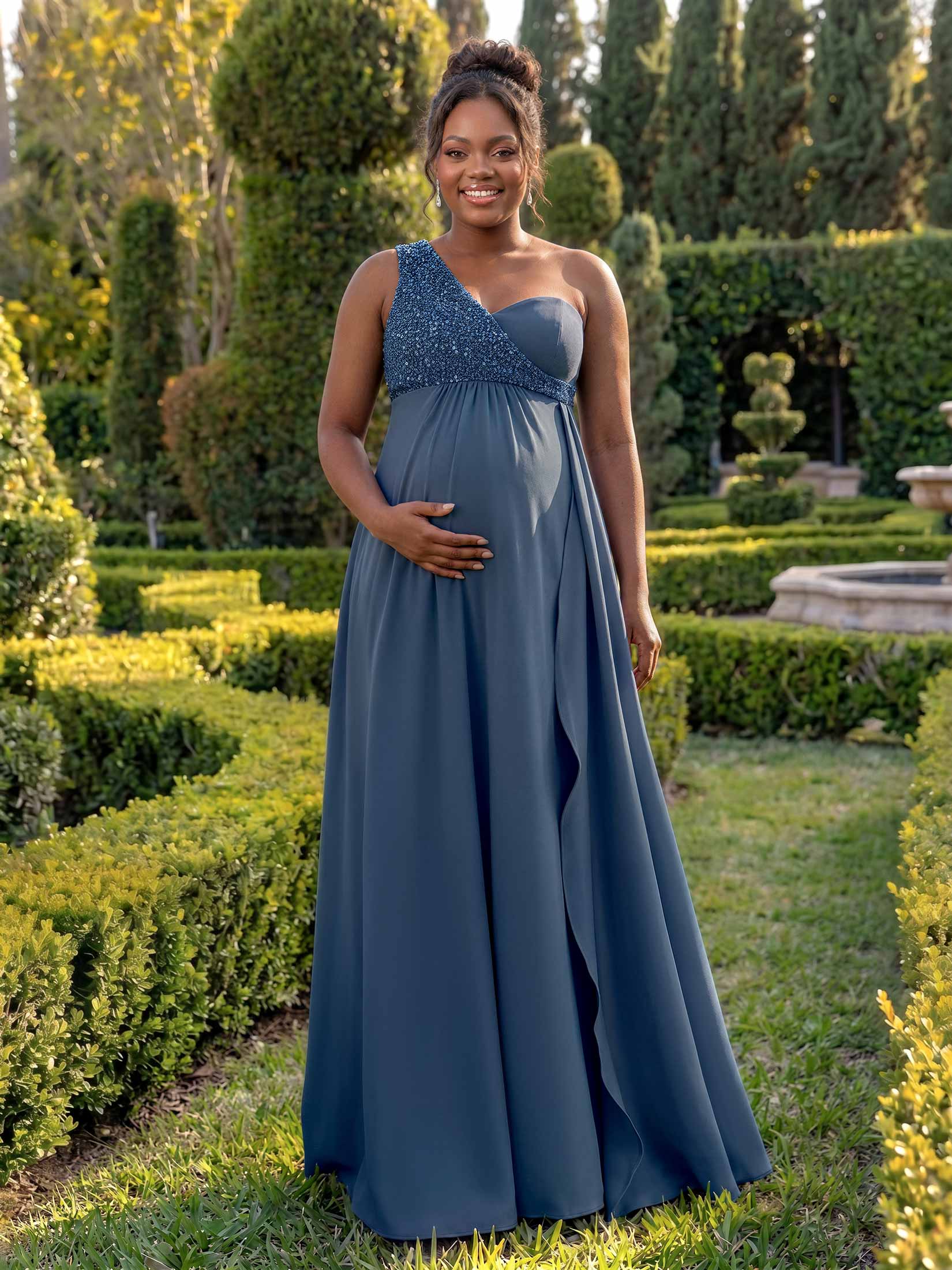 A-Line One-Shoulder Sleeveless Floor-Length Elastic Satin Bridesmaid Dresses With Sequins