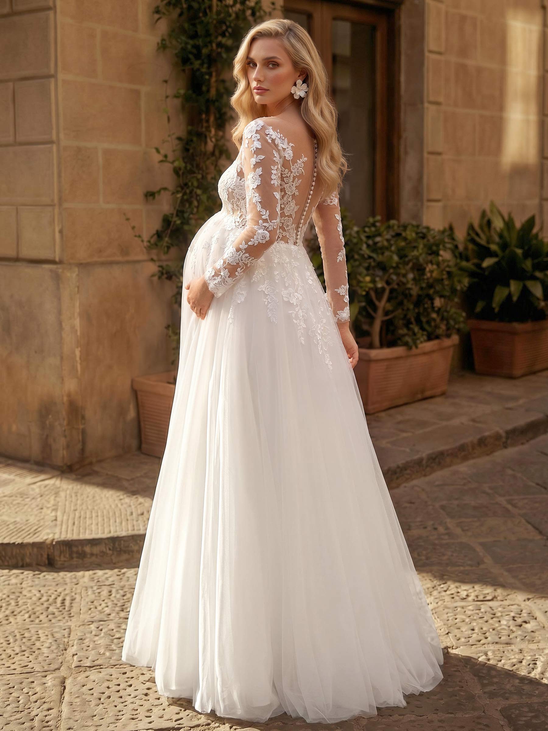 A-Line Satin Tulle Maternity Wedding Dresses Scoop Neck Long Sleeves With Appliques/Lace, product image 2