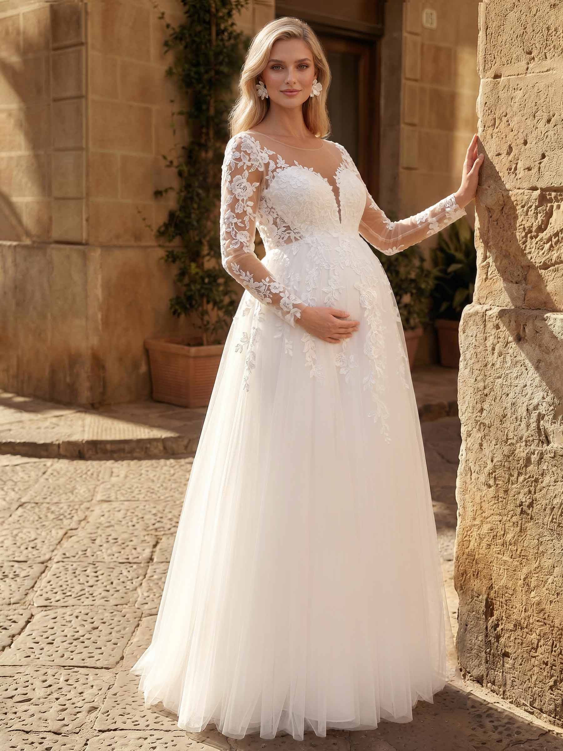 A-Line Satin Tulle Maternity Wedding Dresses Scoop Neck Long Sleeves With Appliques/Lace, product image 1