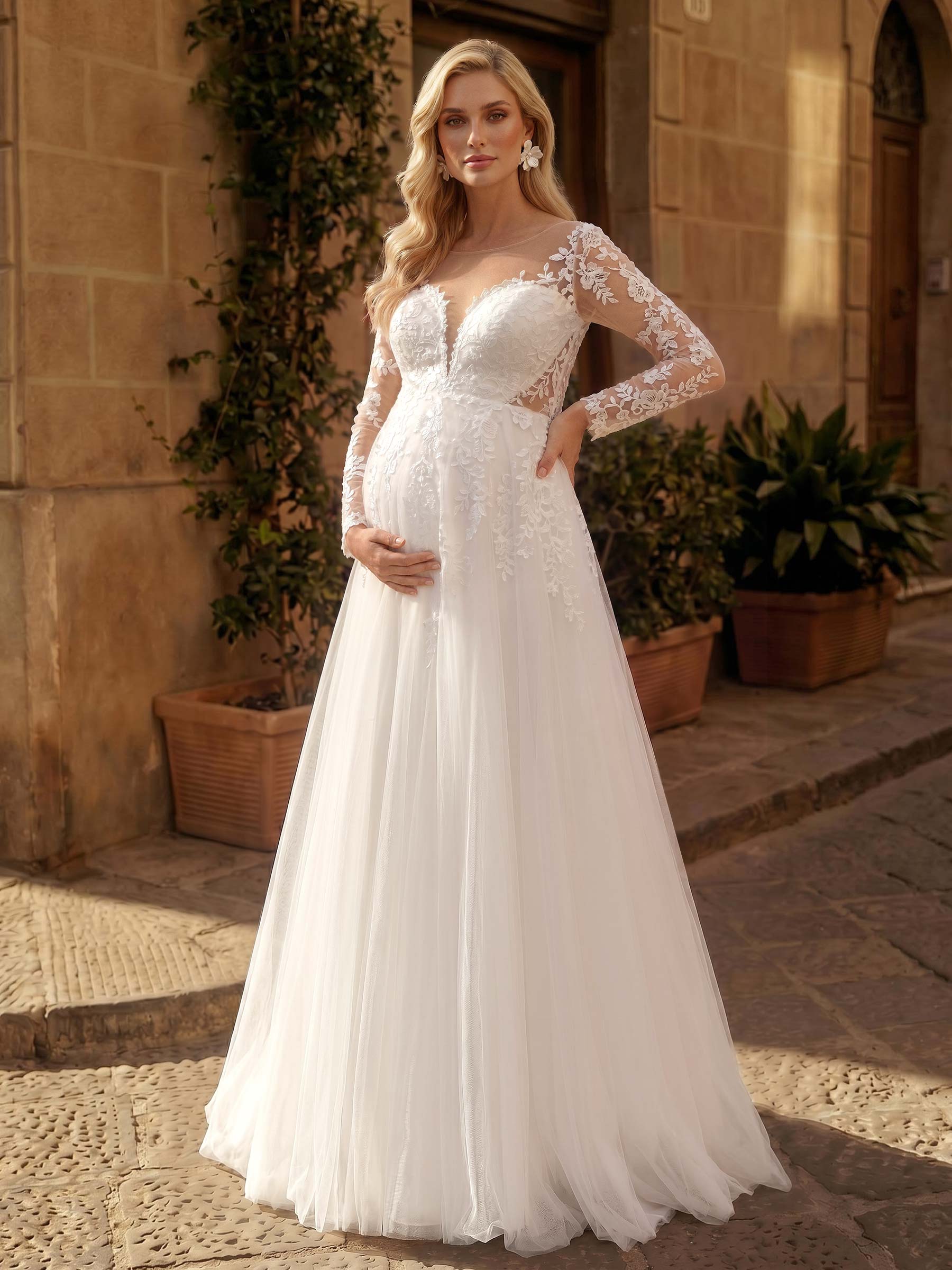 A-Line Satin Tulle Maternity Wedding Dresses Scoop Neck Long Sleeves With Appliques/Lace, product image 3