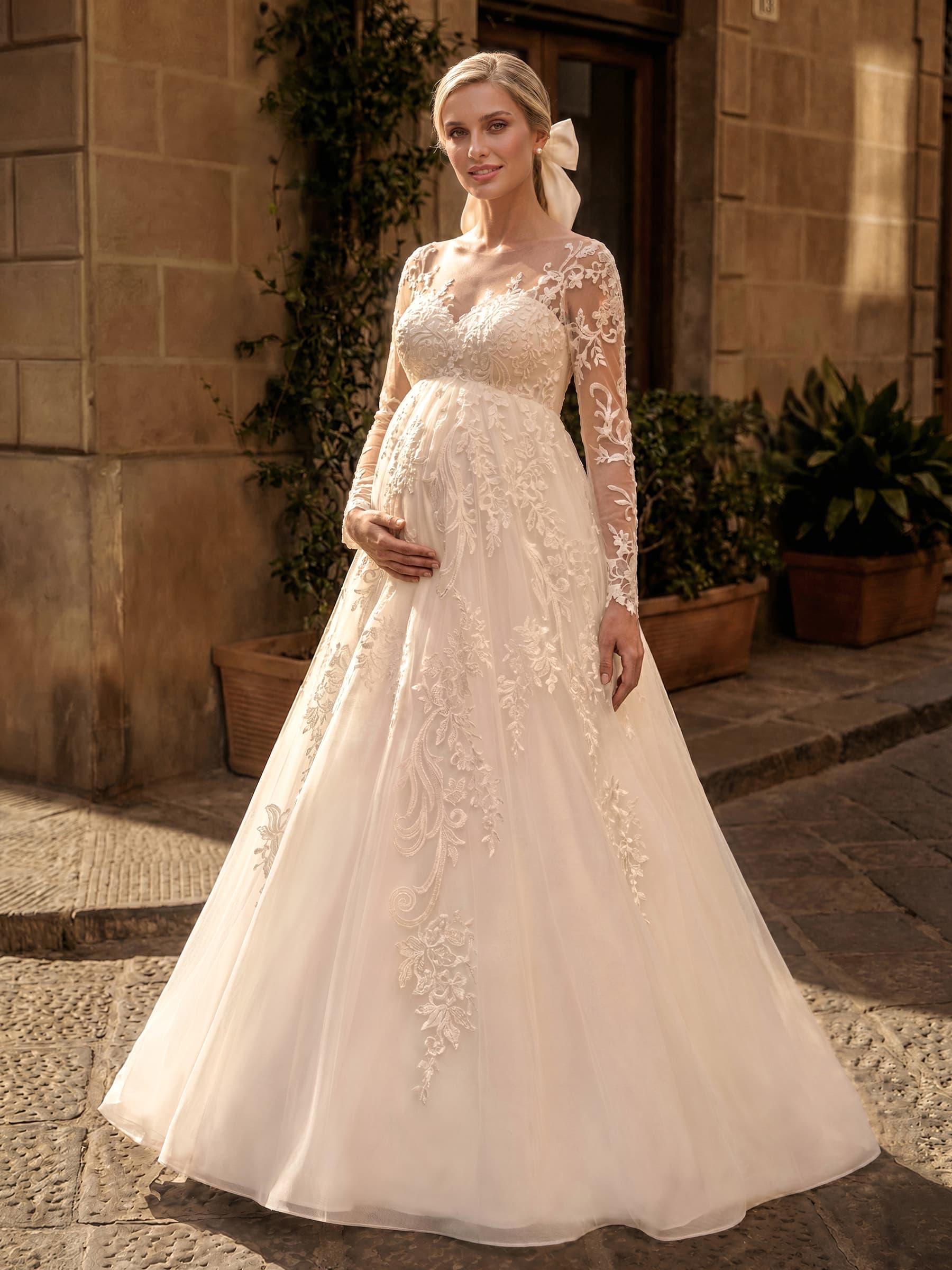 A-Line Satin Tulle Maternity Wedding Dresses Scoop Neck Long Sleeves With Appliques/Lace in Ivory, US2
