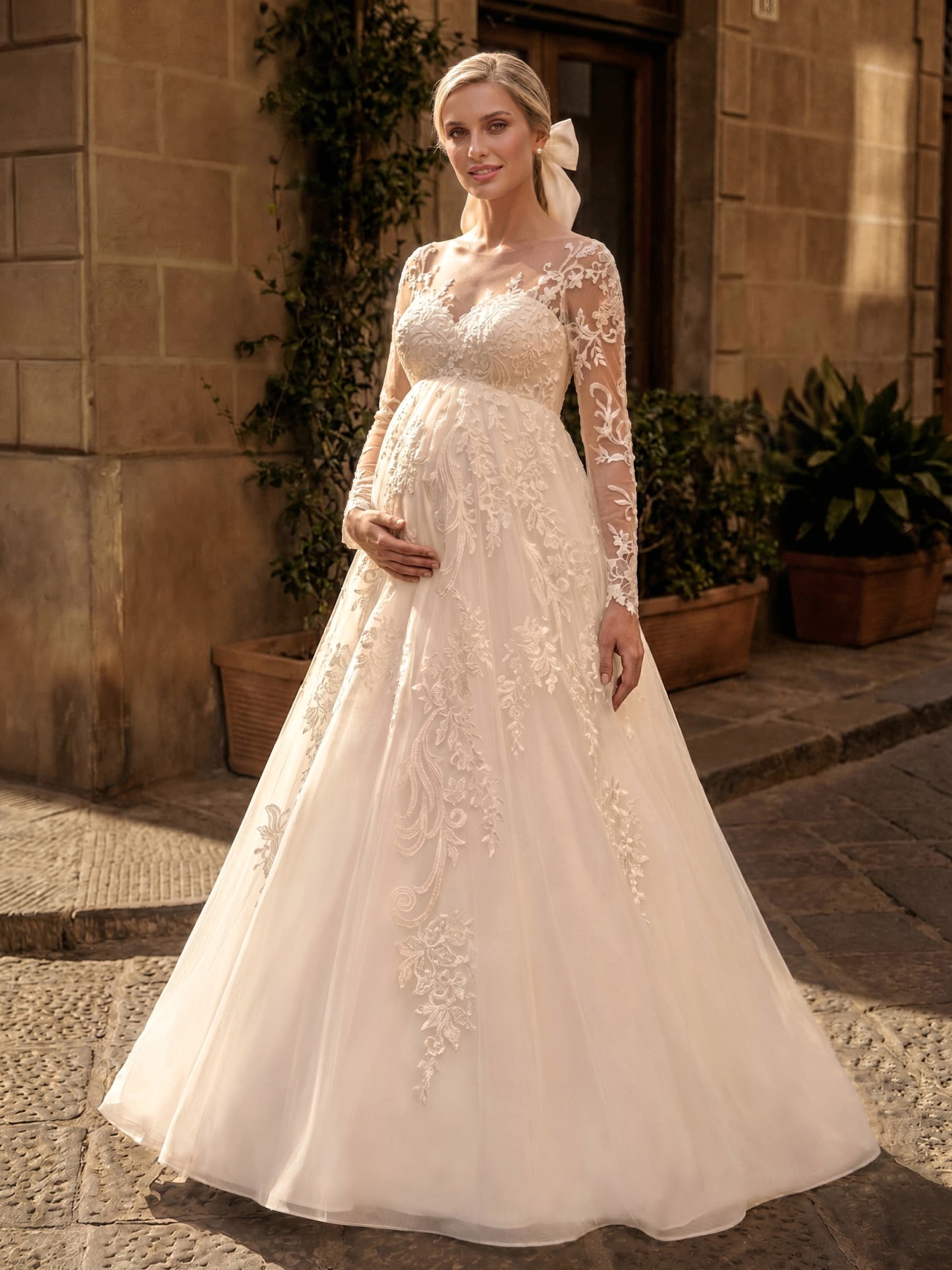 A-Line Satin Tulle Maternity Wedding Dresses Scoop Neck Long Sleeves With Appliques/Lace in Ivory, US2