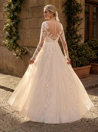 A-Line Satin Tulle Maternity Wedding Dresses Scoop Neck Long Sleeves With Appliques/Lace