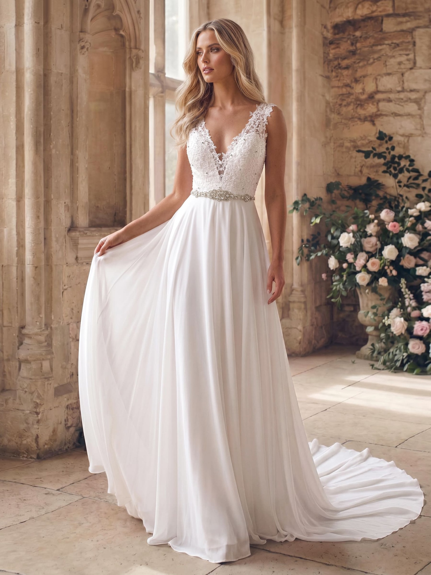 A-Line V-Neck Sleeveless Lace Court Train Wedding Dresses With Lace in Ivory, US2