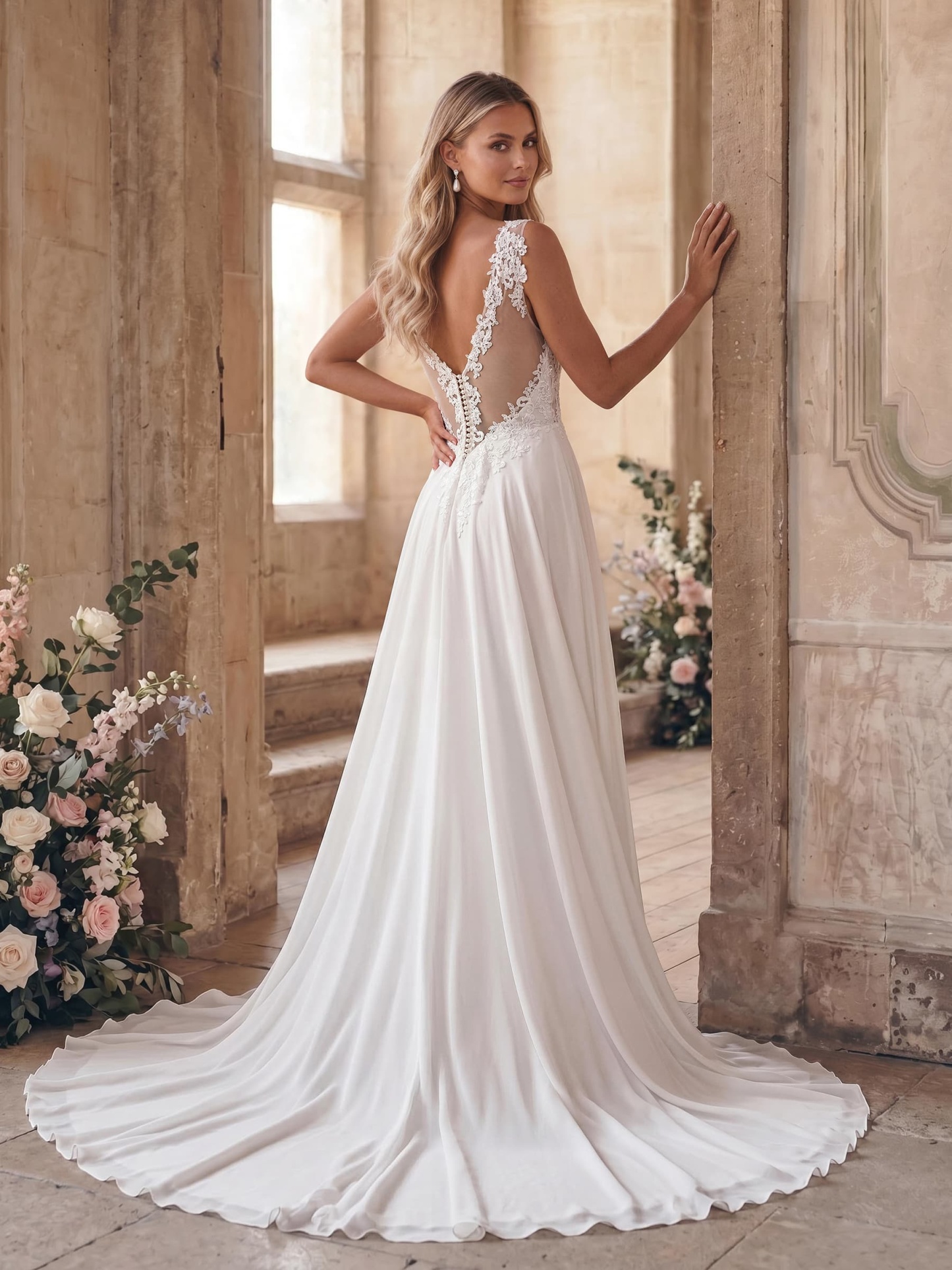 A-Line V-Neck Sleeveless Lace Court Train Wedding Dresses With Lace, image 2