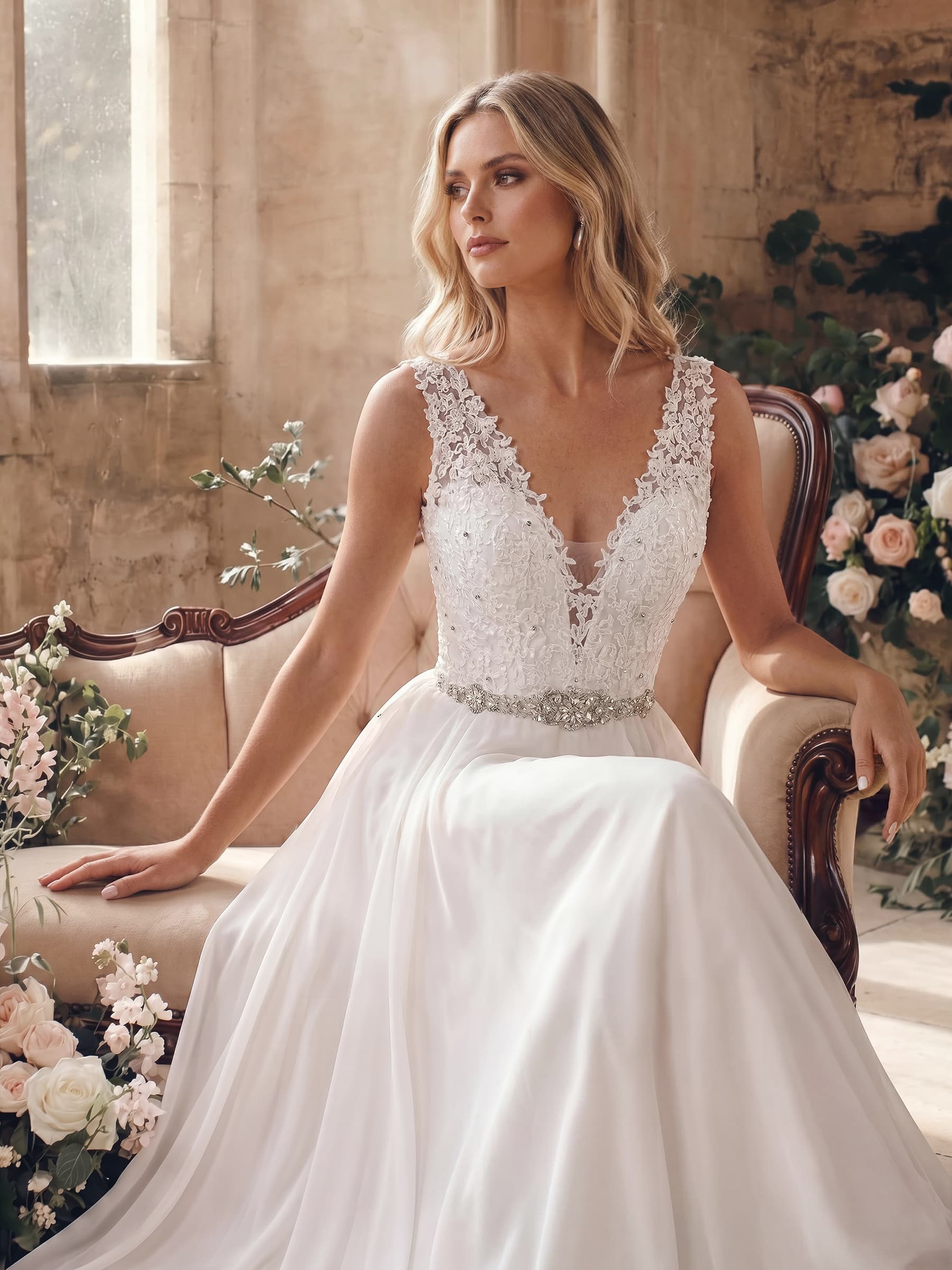 A-Line V-Neck Sleeveless Lace Court Train Wedding Dresses With Lace, image 3