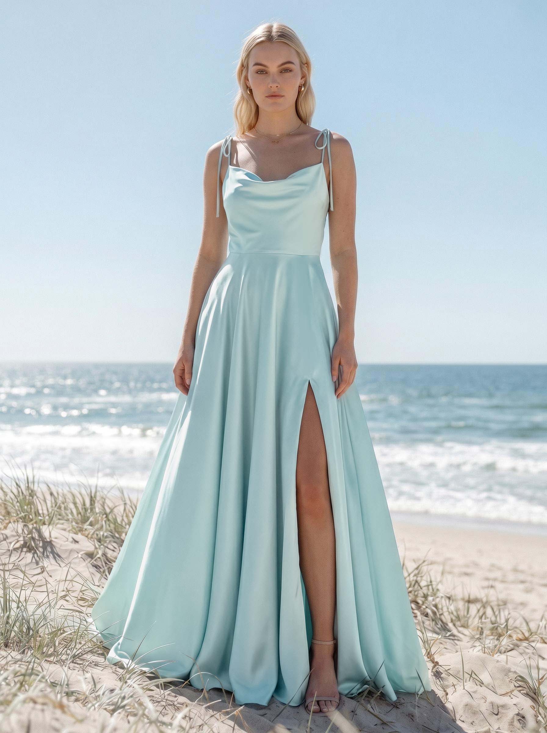 A-Line/Princess Cowl Neck Silk Like Satin Floor-Length Bridesmaid Dresses With Split Front, image 1