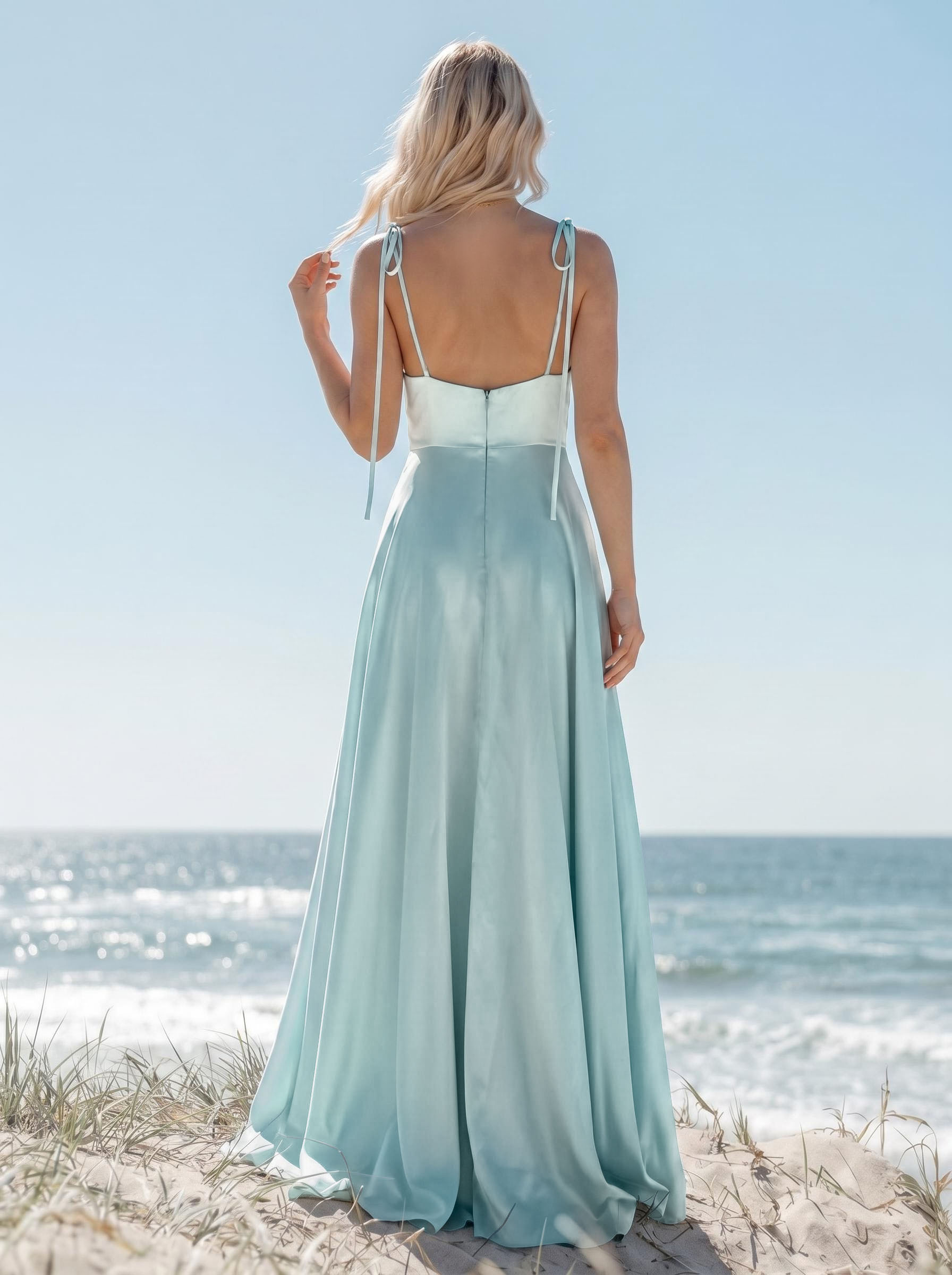 A-Line/Princess Cowl Neck Silk Like Satin Floor-Length Bridesmaid Dresses With Split Front, image 2