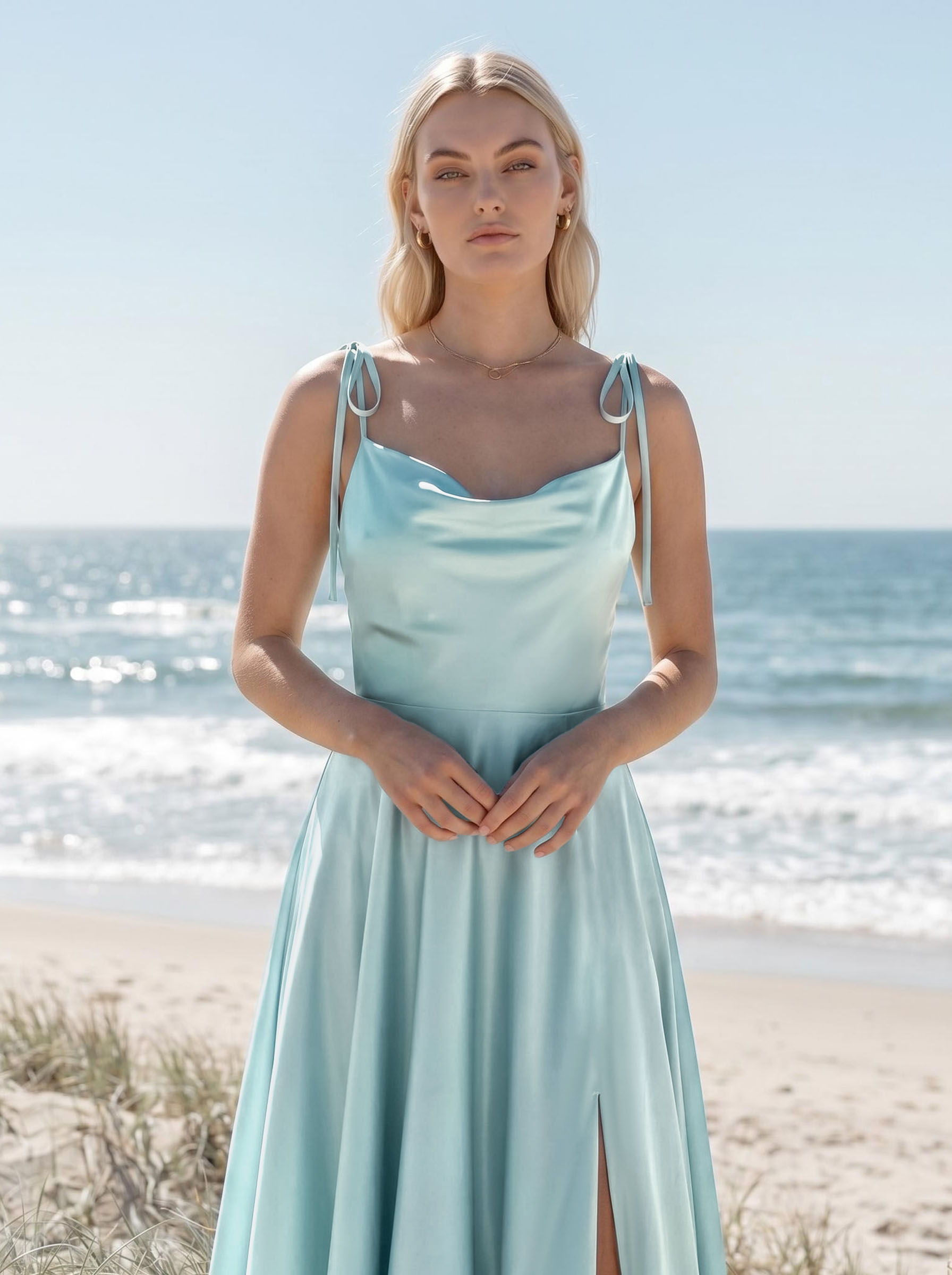 A-Line/Princess Cowl Neck Silk Like Satin Floor-Length Bridesmaid Dresses With Split Front, image 3