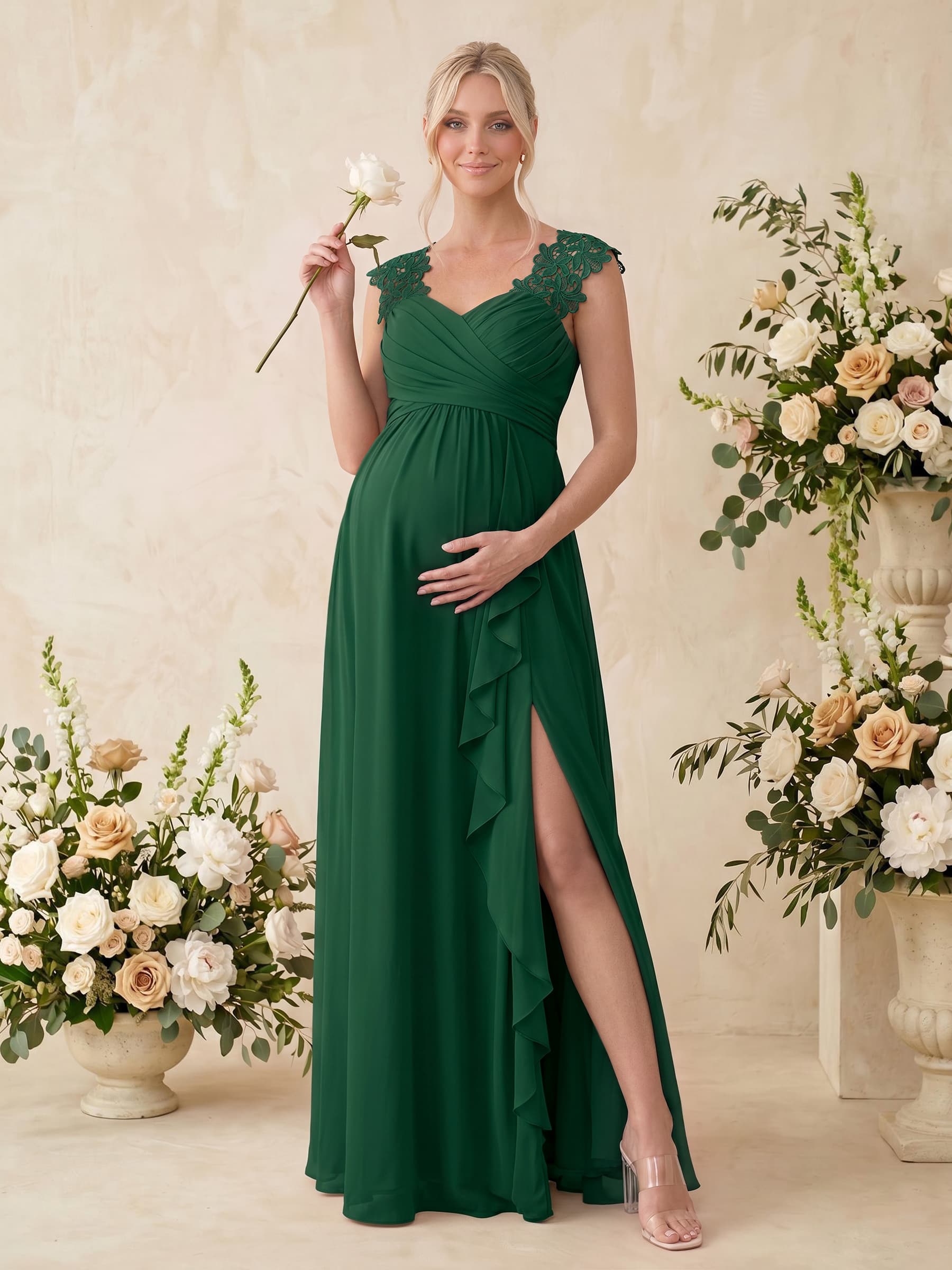 A-Line V-Neck Sleeveless Floor-Length Chiffon/Lace Maternity Bridesmaid Dresses