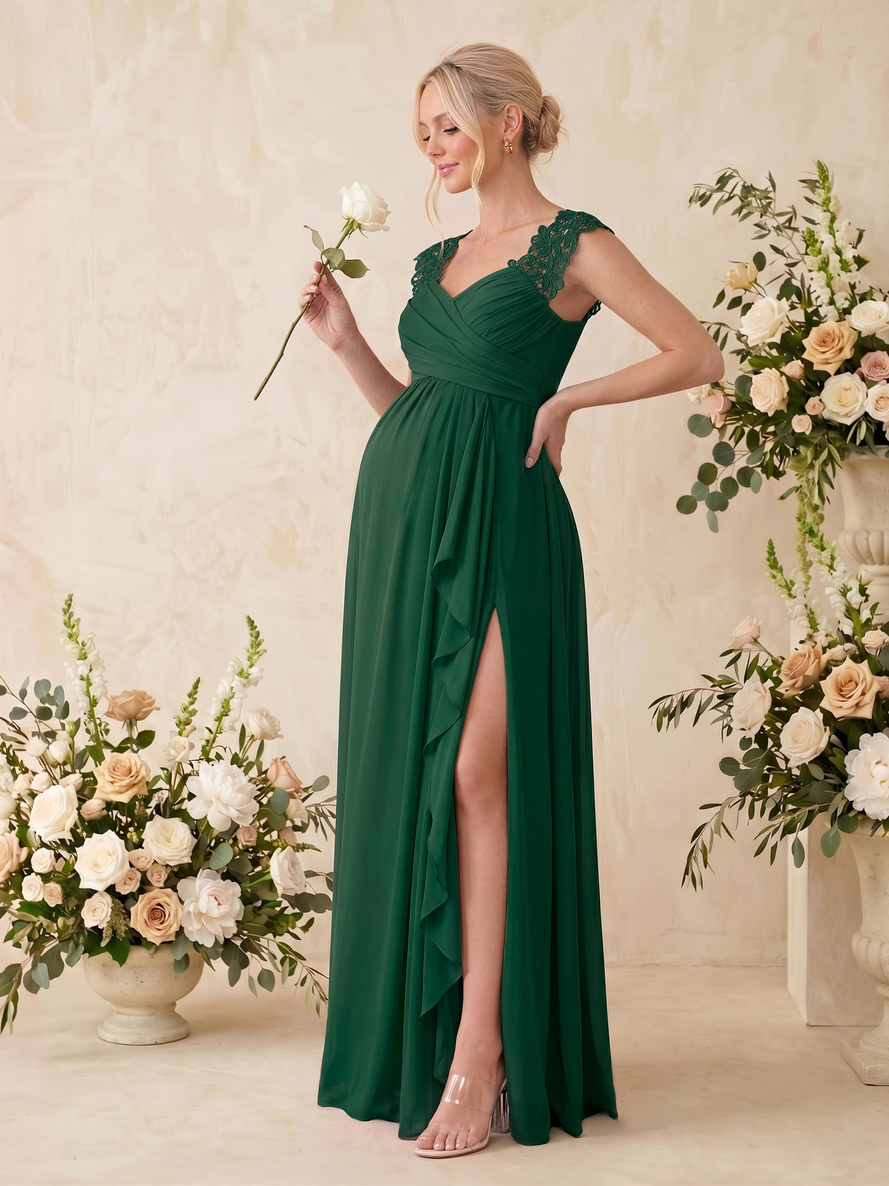 A-Line V-Neck Sleeveless Floor-Length Chiffon/Lace Maternity Bridesmaid Dresses