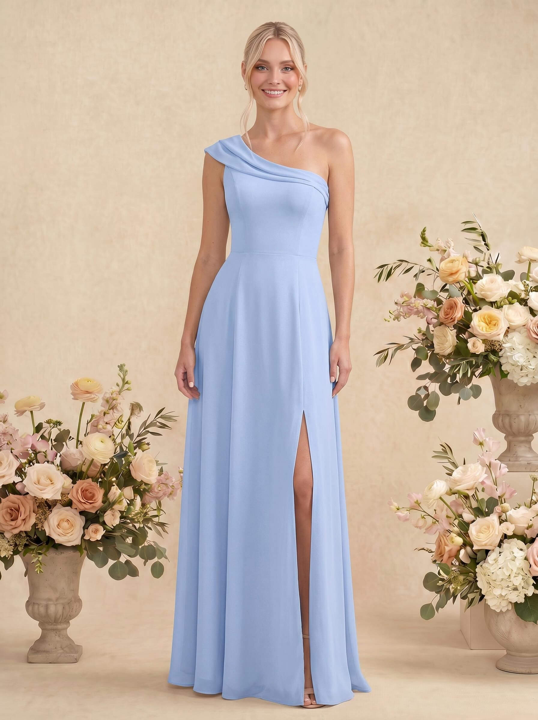 Elegant A-Line One-Shoulder Floor-Length Chiffon Bridesmaid Dresses With High Split, image 1