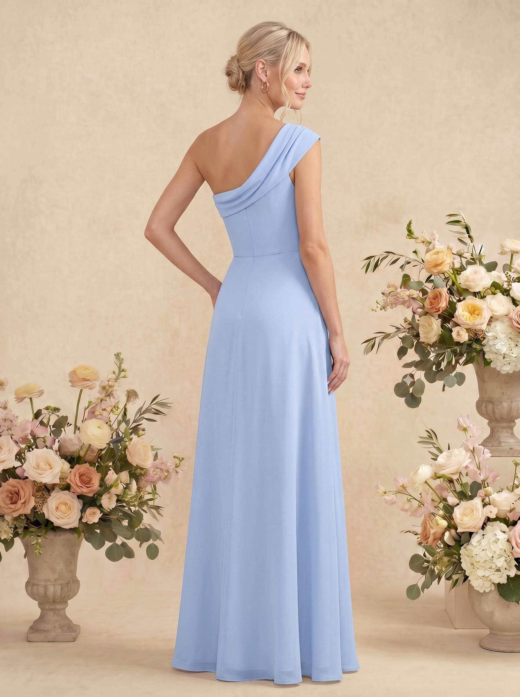 Elegant A-Line One-Shoulder Floor-Length Chiffon Bridesmaid Dresses With High Split, image 2