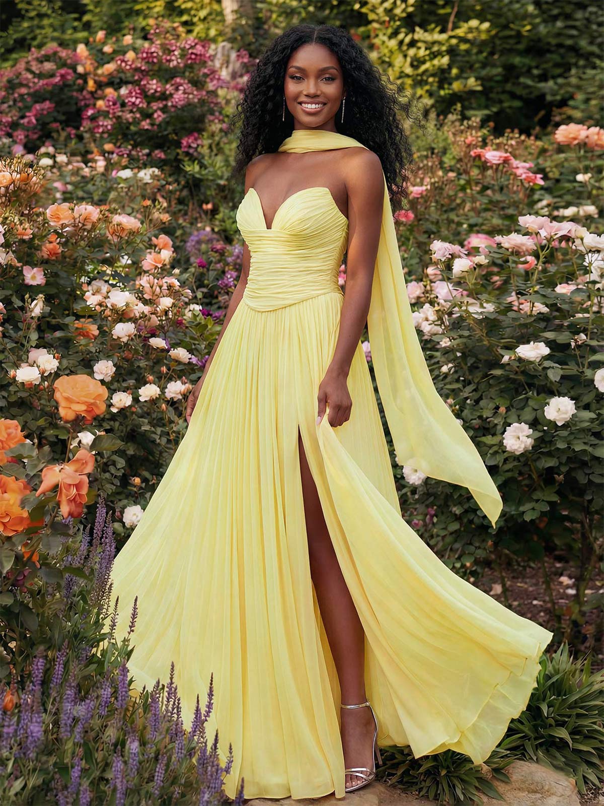 A-Line Strapless Sweep Train Chiffon Bridesmaid Dresses With Pleated/High Split, product image 1