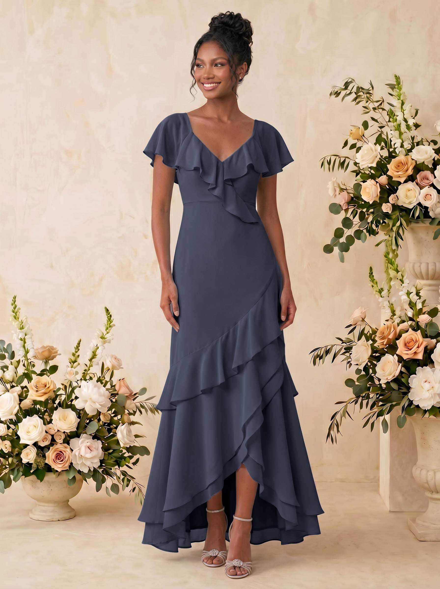 Sheath/Column V-Neck Sleeveless Asymmetrical Chiffon Bridesmaid Dresses With Cascading Ruffles