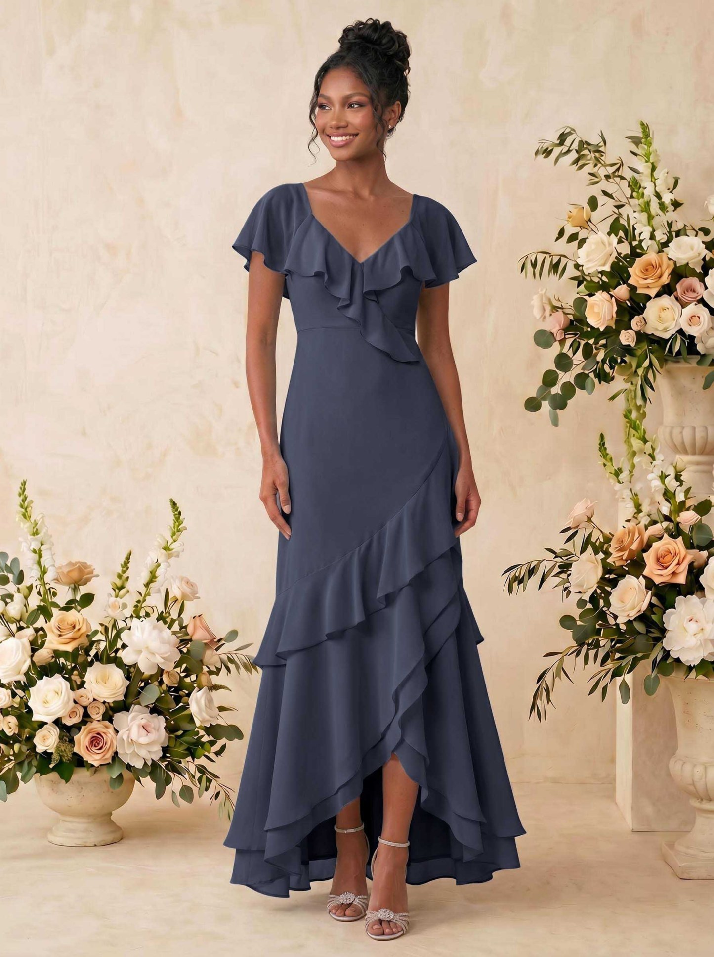 Sheath/Column V-Neck Sleeveless Asymmetrical Chiffon Bridesmaid Dresses With Cascading Ruffles