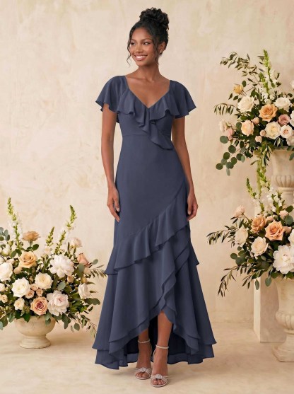 Sheath/Column V-Neck Sleeveless Asymmetrical Chiffon Bridesmaid Dresses With Cascading Ruffles