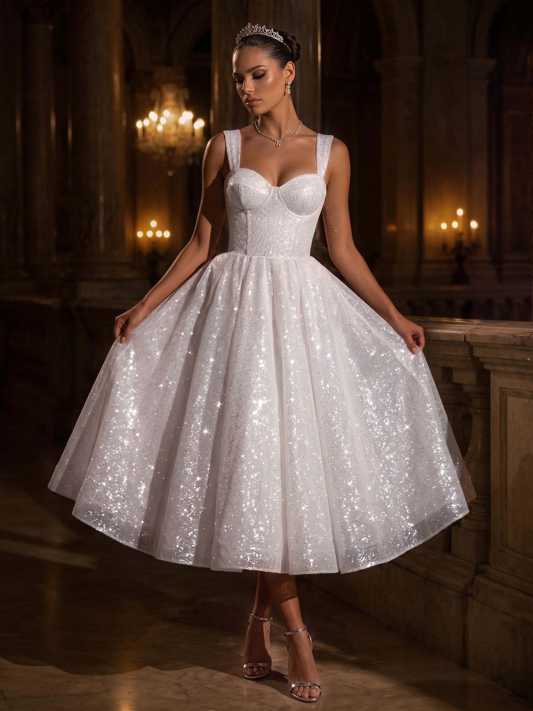 Sparkly Sequined Tea-Length Wedding Dresses, image 1