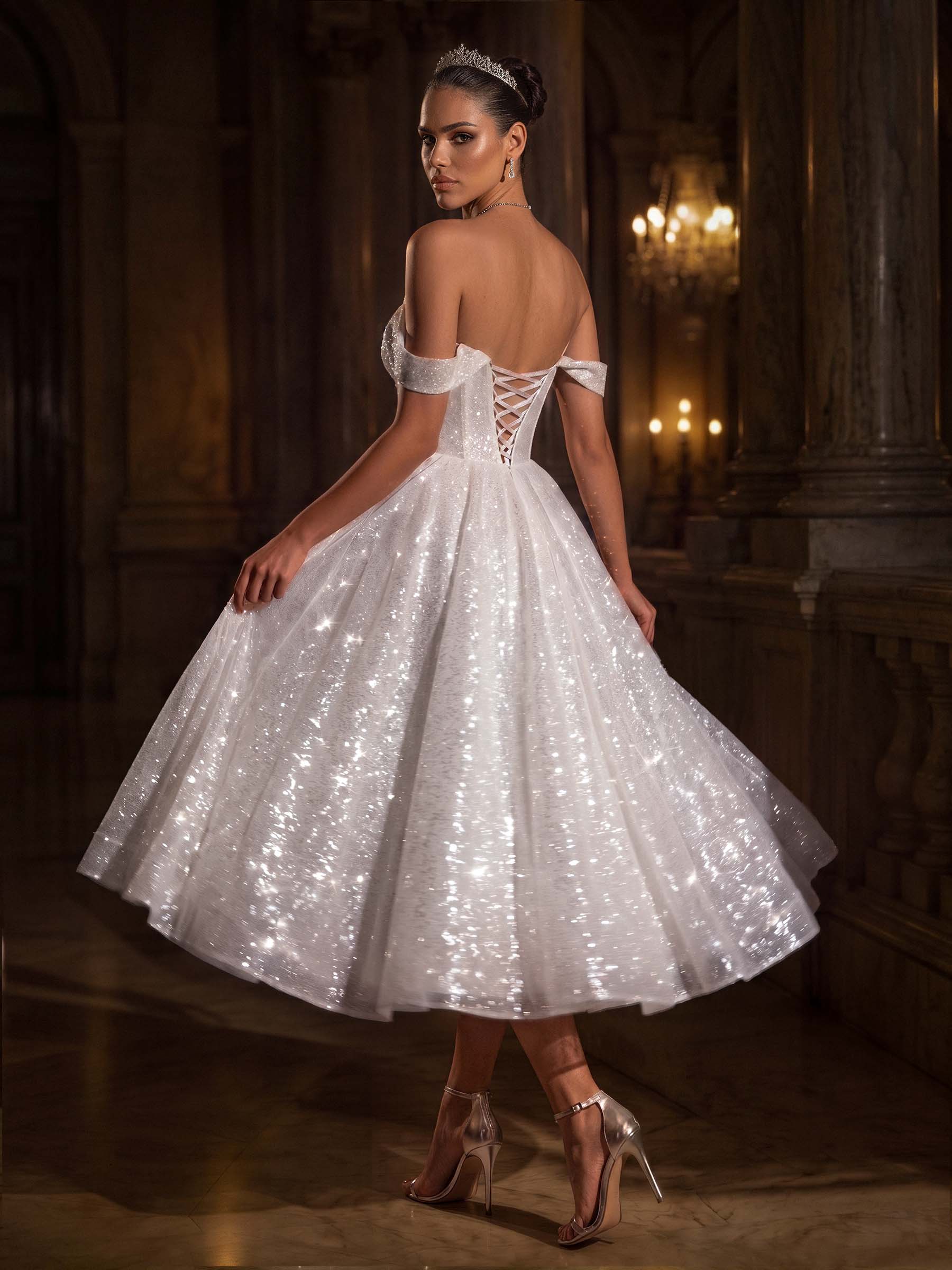 Sparkly Sequined Tea-Length Wedding Dresses, image 2