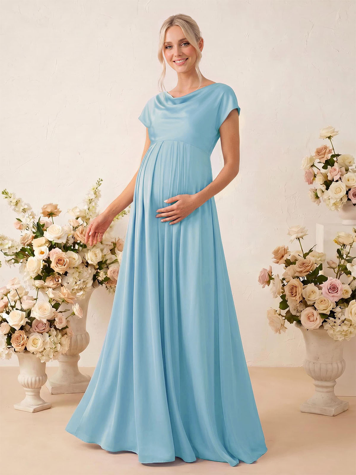 A-Line Cowl Neck Short Sleeves Floor-Length Stretch Satin Maternity Bridesmaid Dresses, image 1