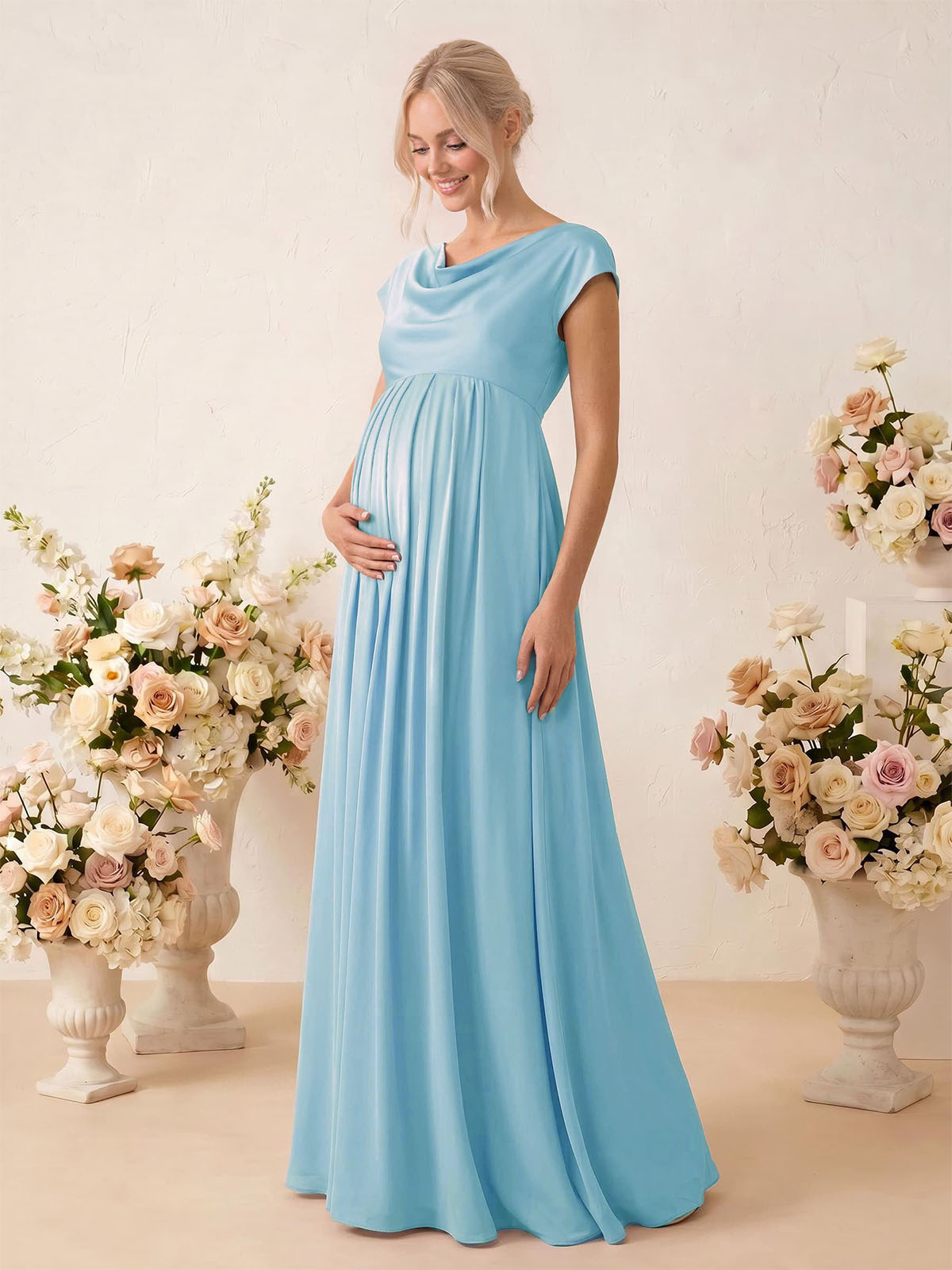 A-Line Cowl Neck Short Sleeves Floor-Length Stretch Satin Maternity Bridesmaid Dresses, image 2