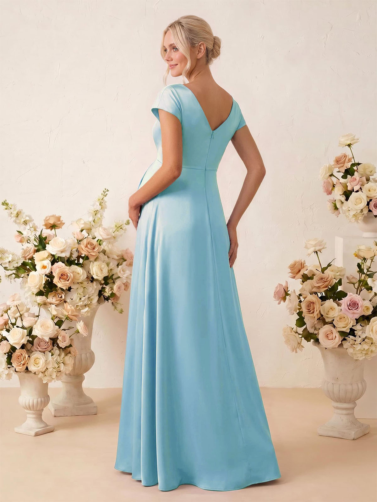 A-Line Cowl Neck Short Sleeves Floor-Length Stretch Satin Maternity Bridesmaid Dresses, image 3