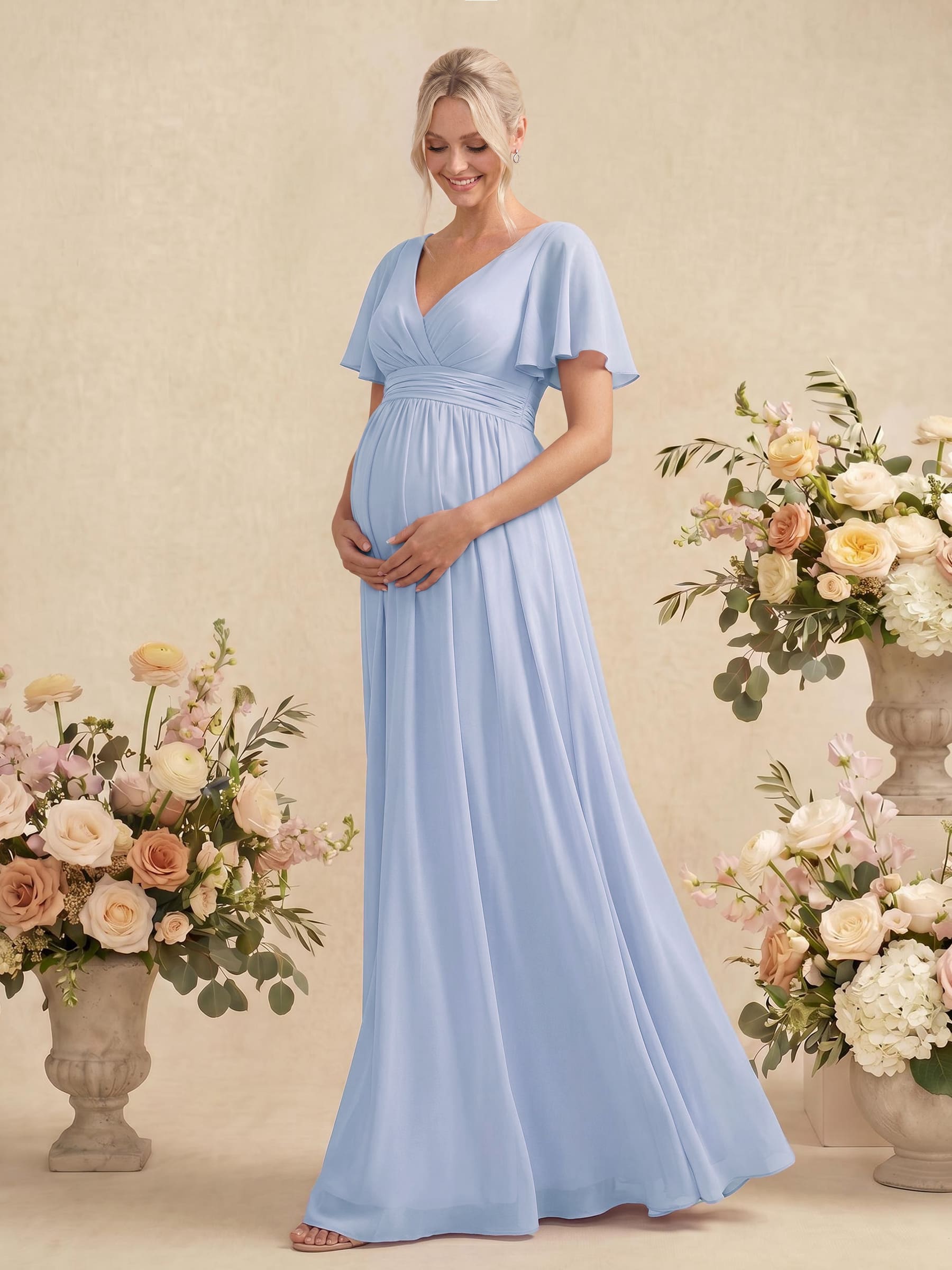 Elegant A-Line V-Neck Short Sleeves Floor-Length Chiffon Maternity Bridesmaid Dresses