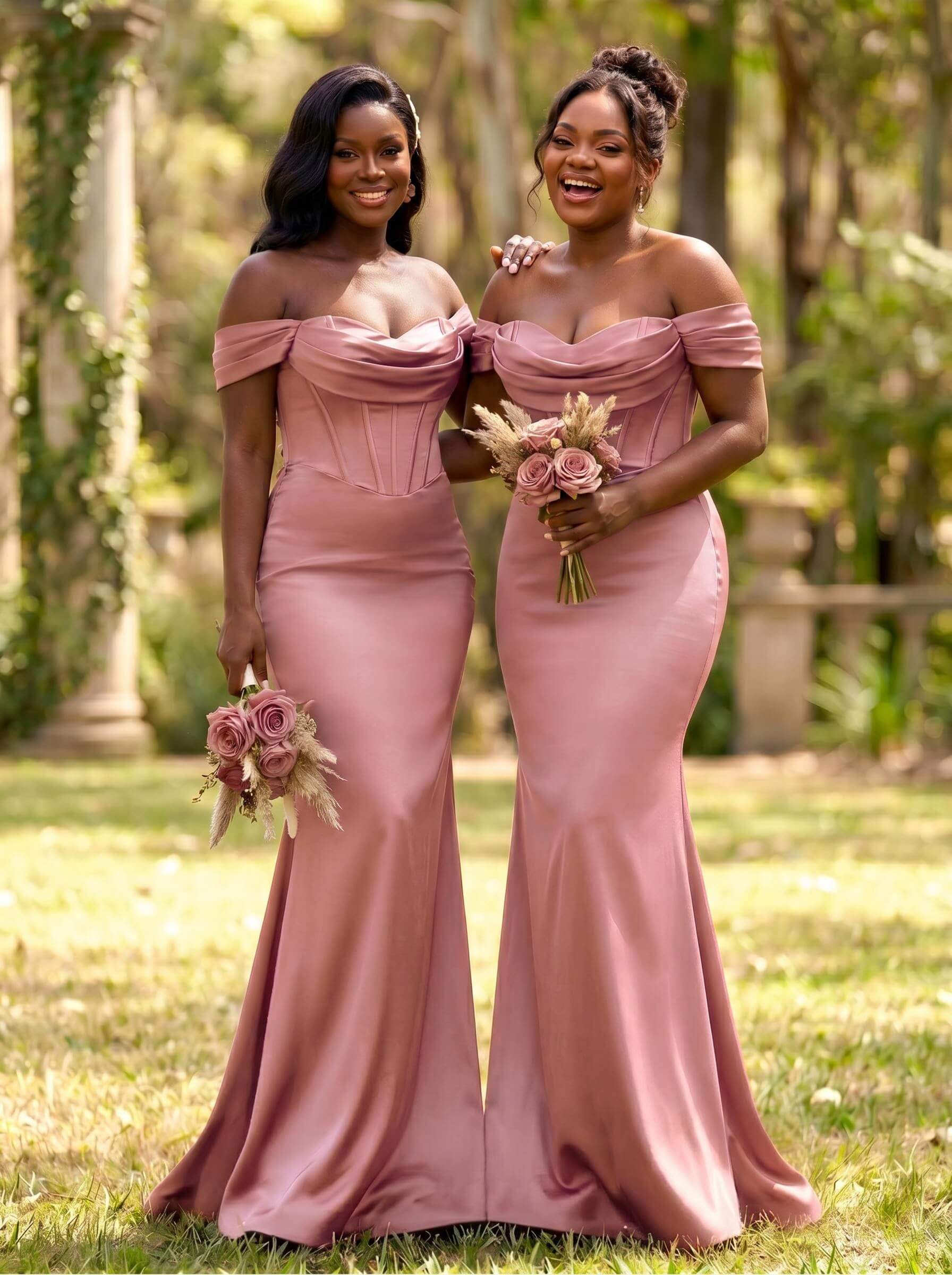 Elegant Trumpet/Mermaid Off-The-Shoulder Sleeveless Sweep Train Satin Bridesmaid Dresses, product image 24