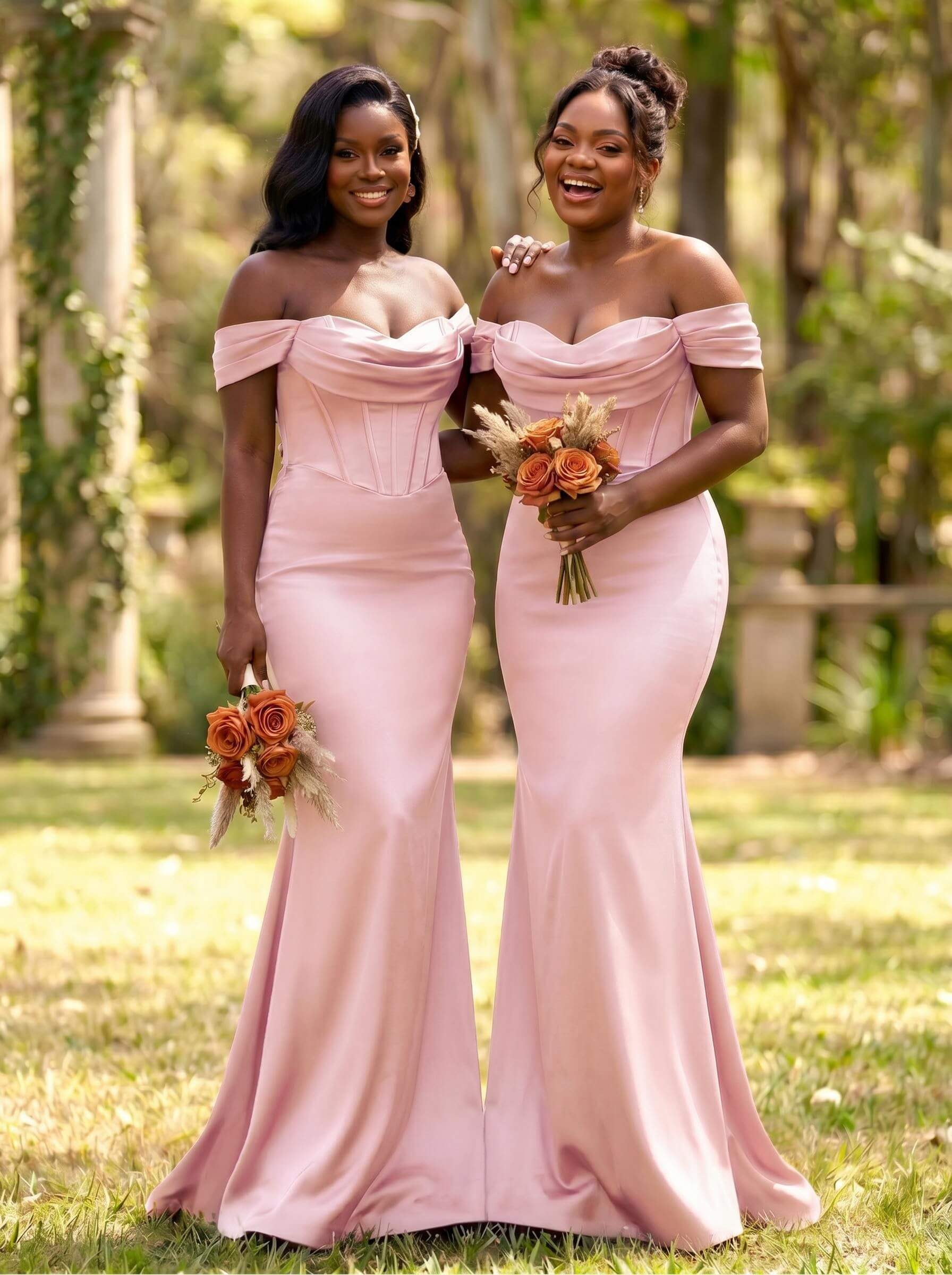 Elegant Trumpet/Mermaid Off-The-Shoulder Sleeveless Sweep Train Satin Bridesmaid Dresses, product image 27