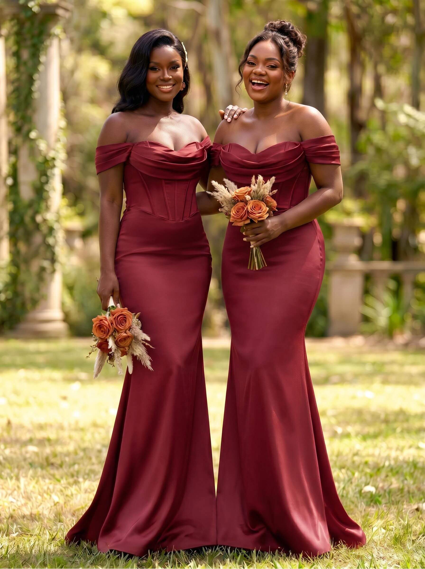 Elegant Trumpet/Mermaid Off-The-Shoulder Sleeveless Sweep Train Satin Bridesmaid Dresses, product image 16