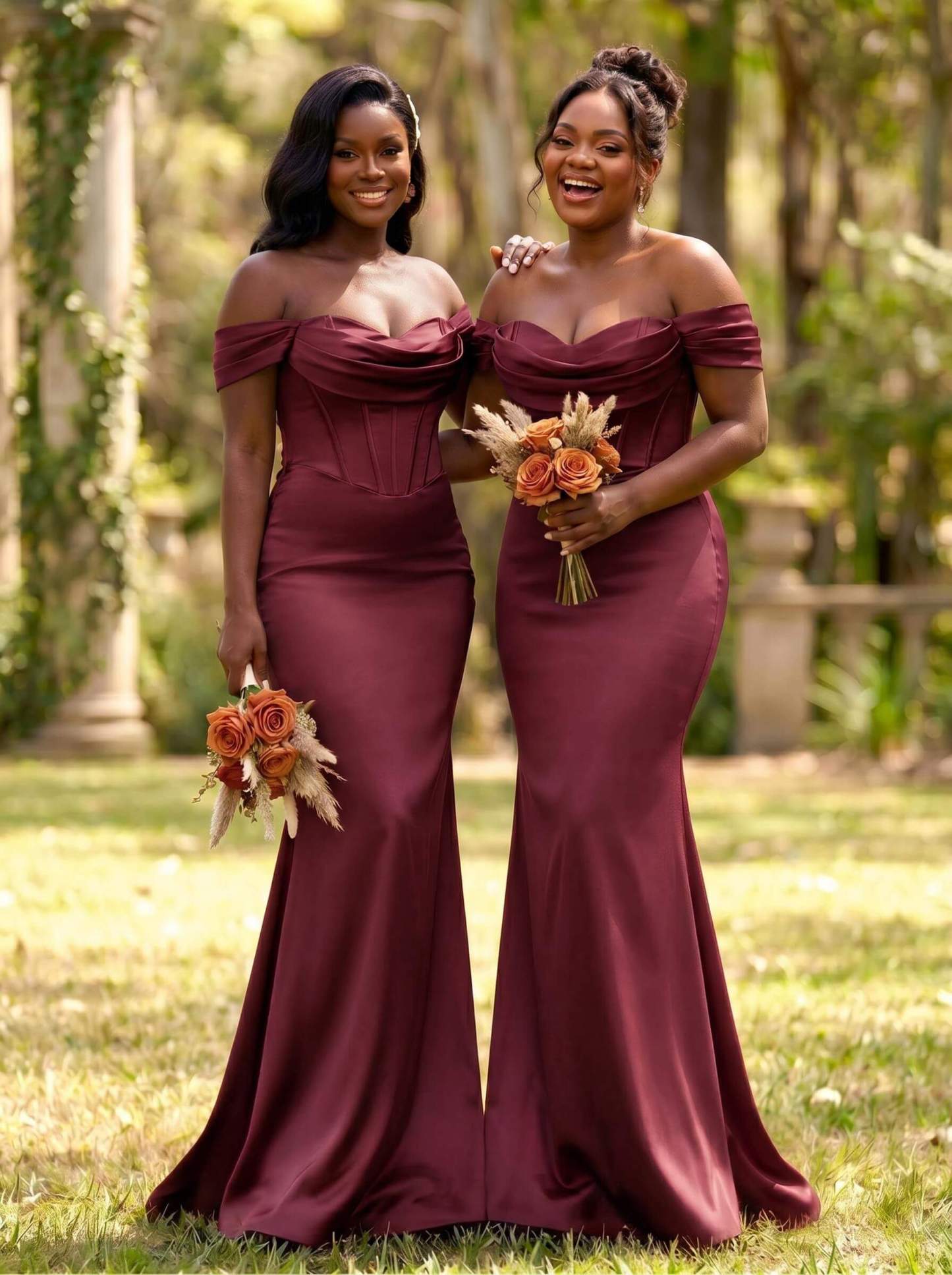 Elegant Trumpet/Mermaid Off-The-Shoulder Sleeveless Sweep Train Satin Bridesmaid Dresses, product image 15