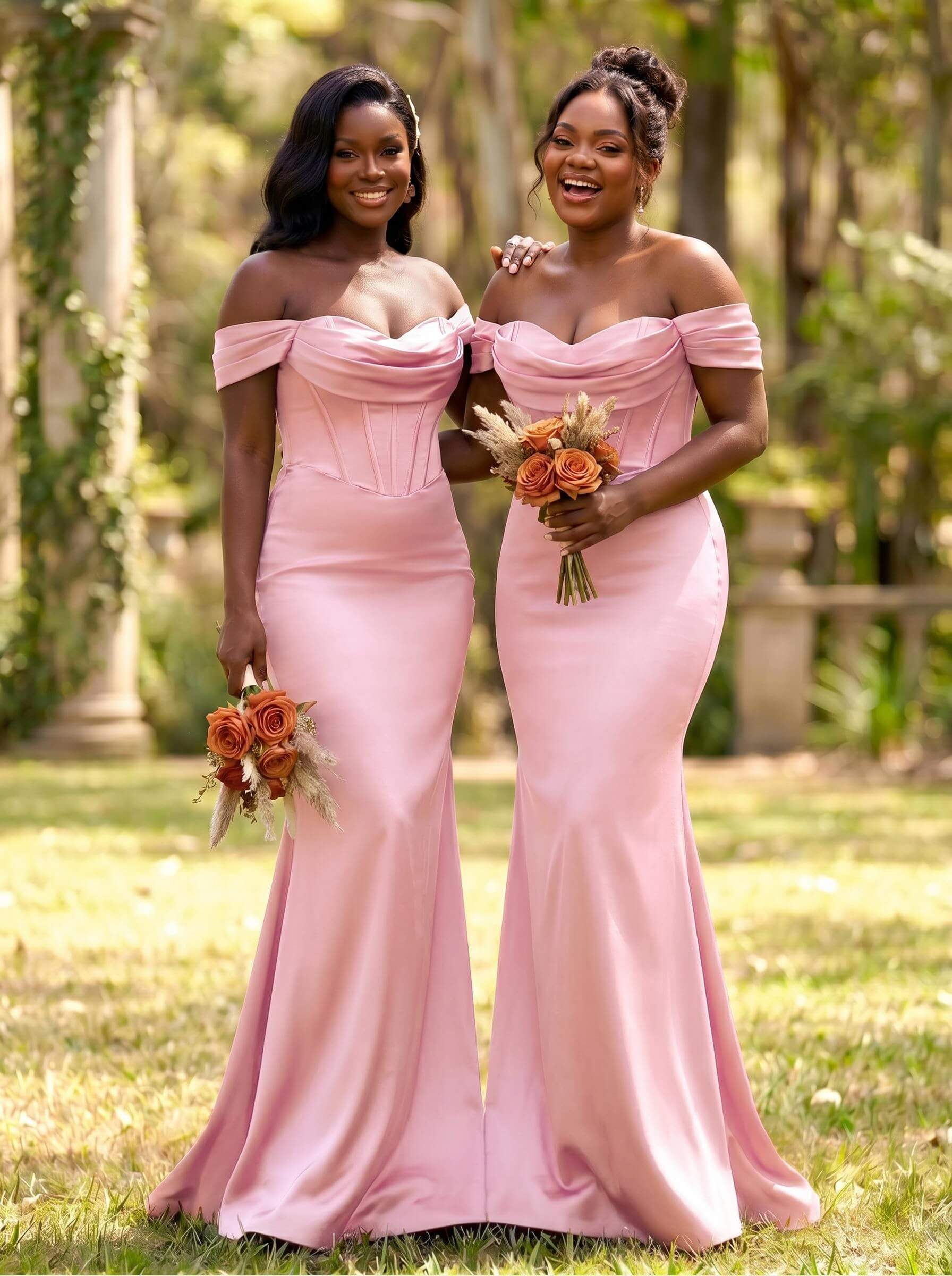Elegant Trumpet/Mermaid Off-The-Shoulder Sleeveless Sweep Train Satin Bridesmaid Dresses, product image 28